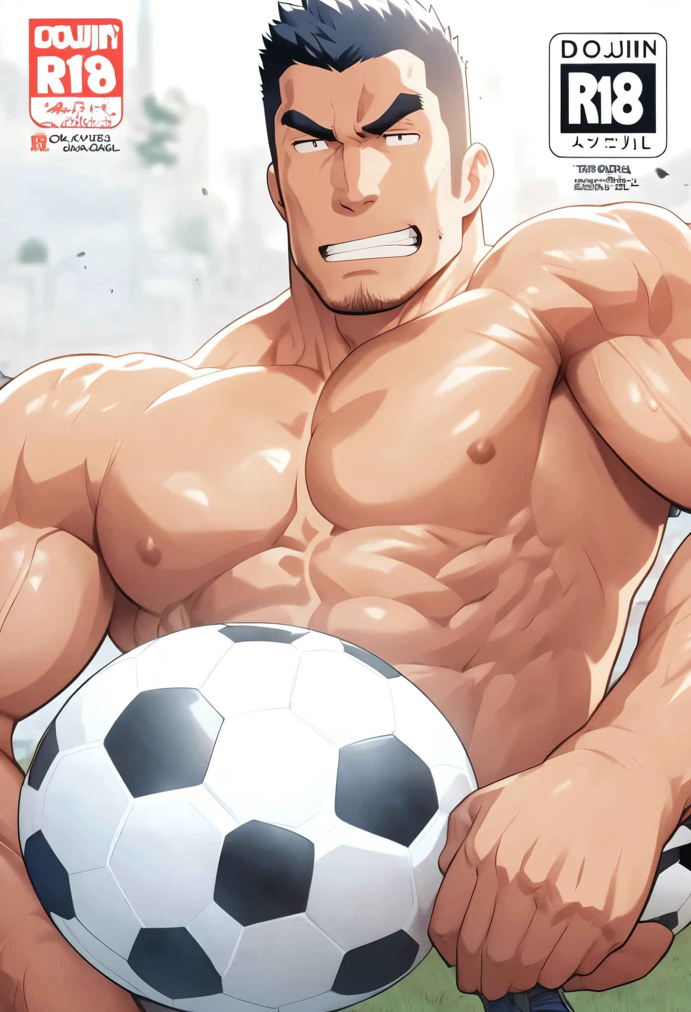 a close up of a cartoon soccer player with a soccer ball, by Okada Beisanjin, doujin, gigachad muscular, anime cover, by Tadashi Nakayama, manga cover style, full color manga cover, game cover, muscular! fantasy, oppai, manga cover art, muscular!!, by Shiba Kōkan, manga front cover