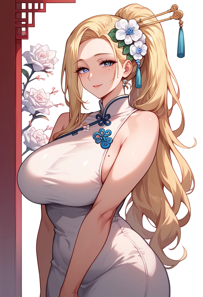 half smile, mixed_artwork style, (detailed eyes), (Mature woman), beautiful woman, big breasts, blonde long hair, ponytail on shoulder, (oriental white dress, murim, cultivator), blue eyes, mole under eye, huge body, white flower on hair