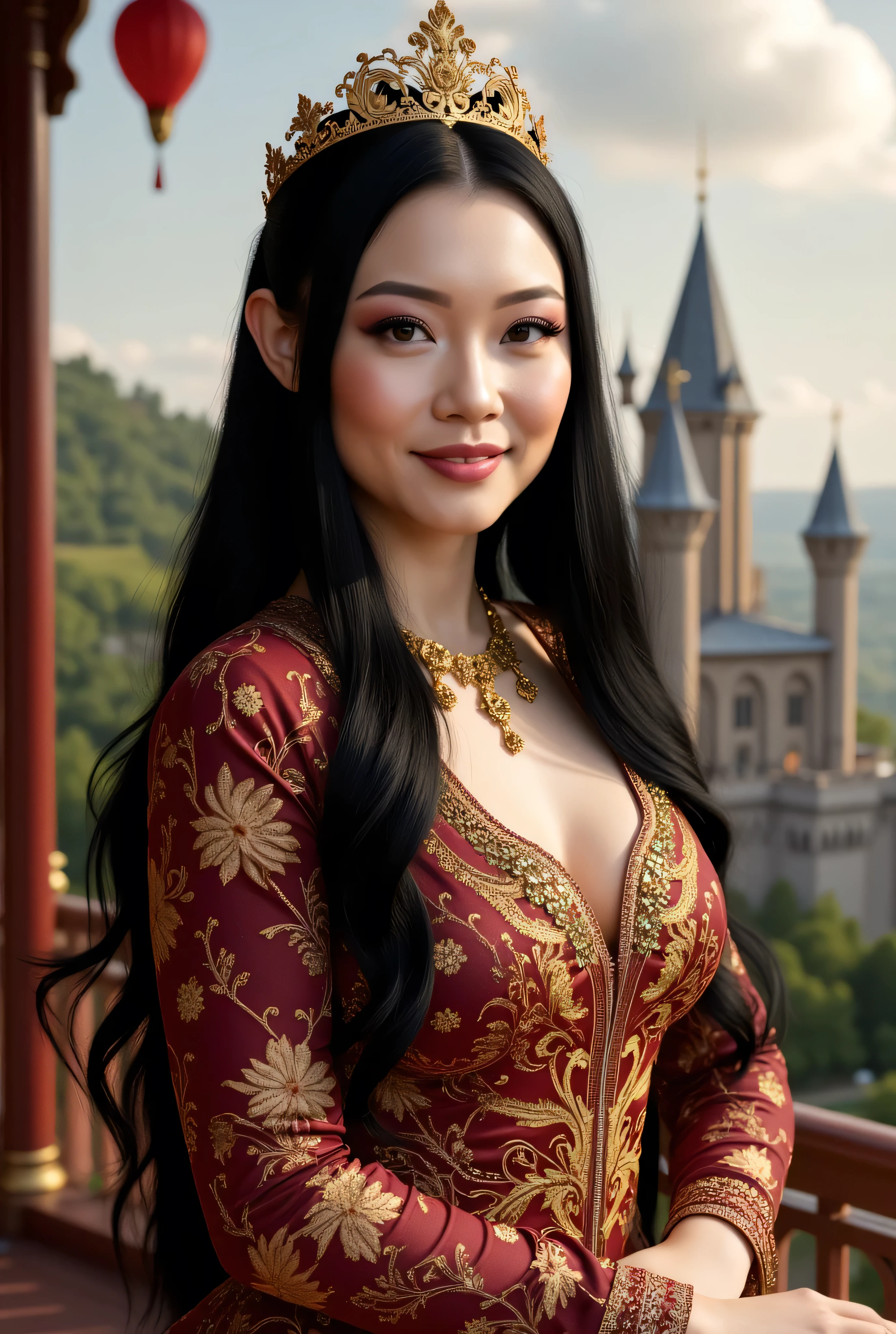 ((best quality, masterpiece, score_9, score_8_up)), intricate details, sharp focus, professional, real life, realistic representation of the face, dynamic pose, BREAK ((detailed (((athletic, (pale skin, albino, albino skin, (maroon gold chinoiserie renaissance ball gown, (queen, crown, jewels))), blackout eye makeup, iceblue eyes), long straight glossblack hair, smiling, smirk, red lipstick, outdoors, faraway castle)), professional lighting, photon mapping, radiosity, physically based rendering, hyper-realistic)), photorealistic