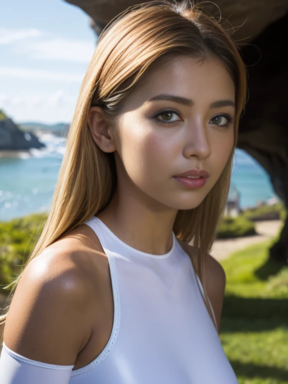 RAW photo of annkou, sexy posing, looking away of the camera, side profile angle, no tatoos on skin, portrait, blonde, realistic skin details, (high detailed skin:1.1), 4k hd, shot with kodak portra 400