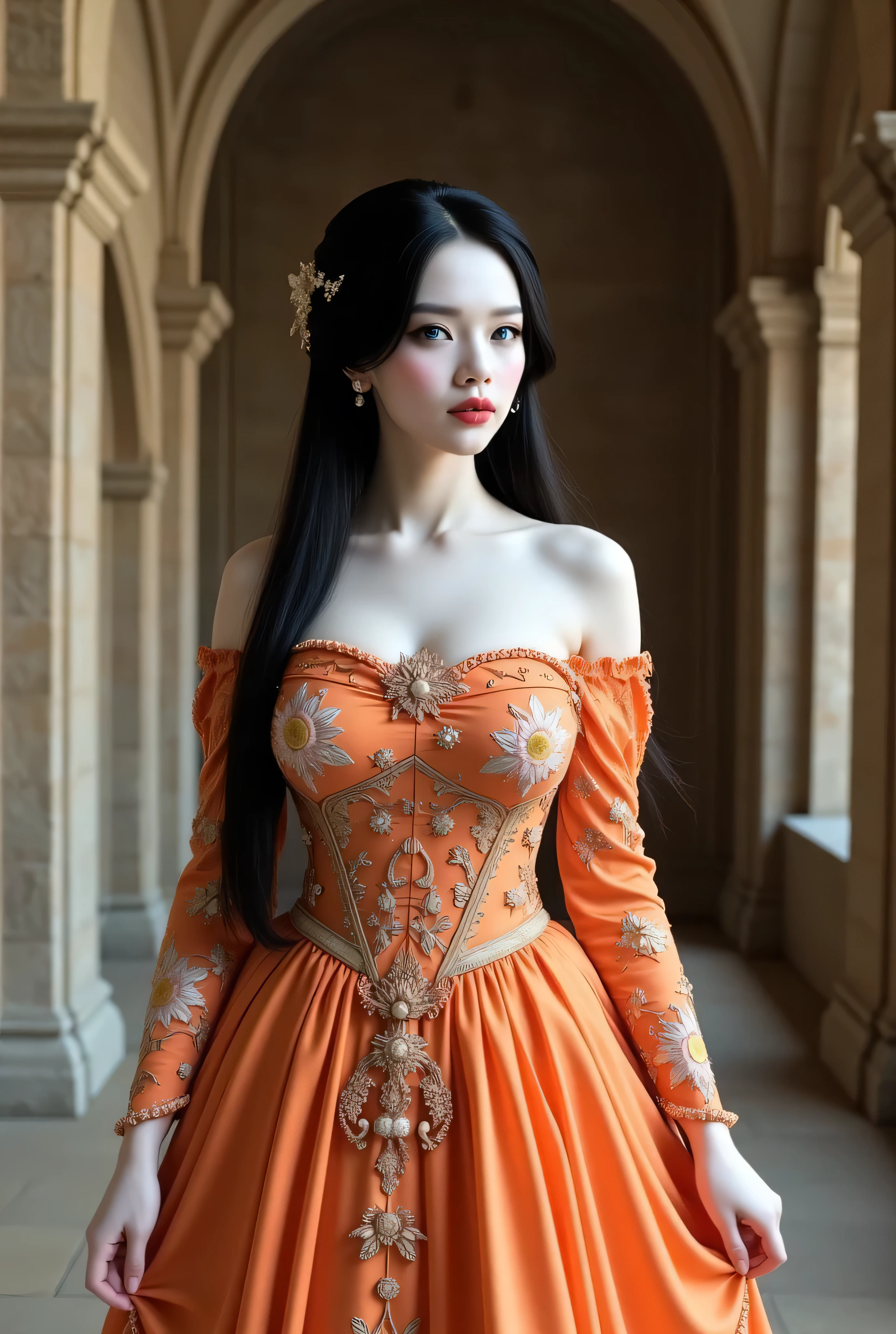 ((best quality, masterpiece, score_9, score_8_up)), intricate details, sharp focus, professional, real life, realistic representation of the face, dynamic pose, BREAK ((detailed (((athletic, (pale skin, albino, albino skin, (orange white chinoiserie renaissance ball gown, (queen, crown, jewels, turned slightly, realistic photograph, life-like photo))), blackout eye makeup, iceblue eyes), long straight glossblack hair, smiling, smirk, red lipstick, outdoors, medieval stone castle, faraway moat)), professional lighting, photon mapping, radiosity, physically based rendering, hyper-realistic)), photorealistic
