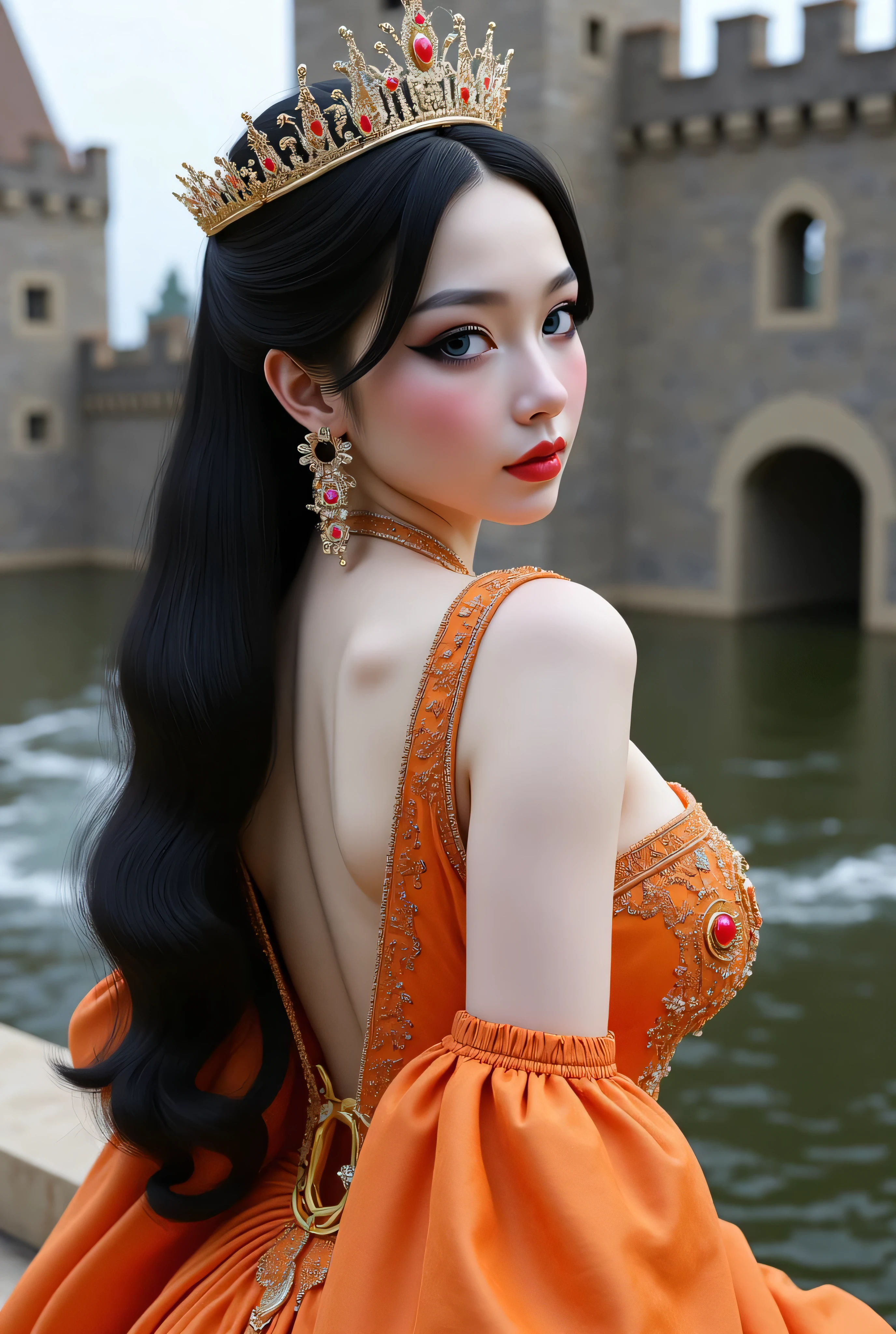 ((best quality, masterpiece, score_9, score_8_up)), intricate details, sharp focus, professional, real life, realistic representation of the face, dynamic pose, BREAK ((detailed (((athletic, (pale skin, albino, albino skin, (orange white chinoiserie renaissance ball gown, (queen, crown, jewels, turned slightly, realistic photograph, life-like photo))), blackout eye makeup, iceblue eyes), long straight glossblack hair, smiling, smirk, red lipstick, outdoors, medieval stone castle, faraway moat)), professional lighting, photon mapping, radiosity, physically based rendering, hyper-realistic)), photorealistic