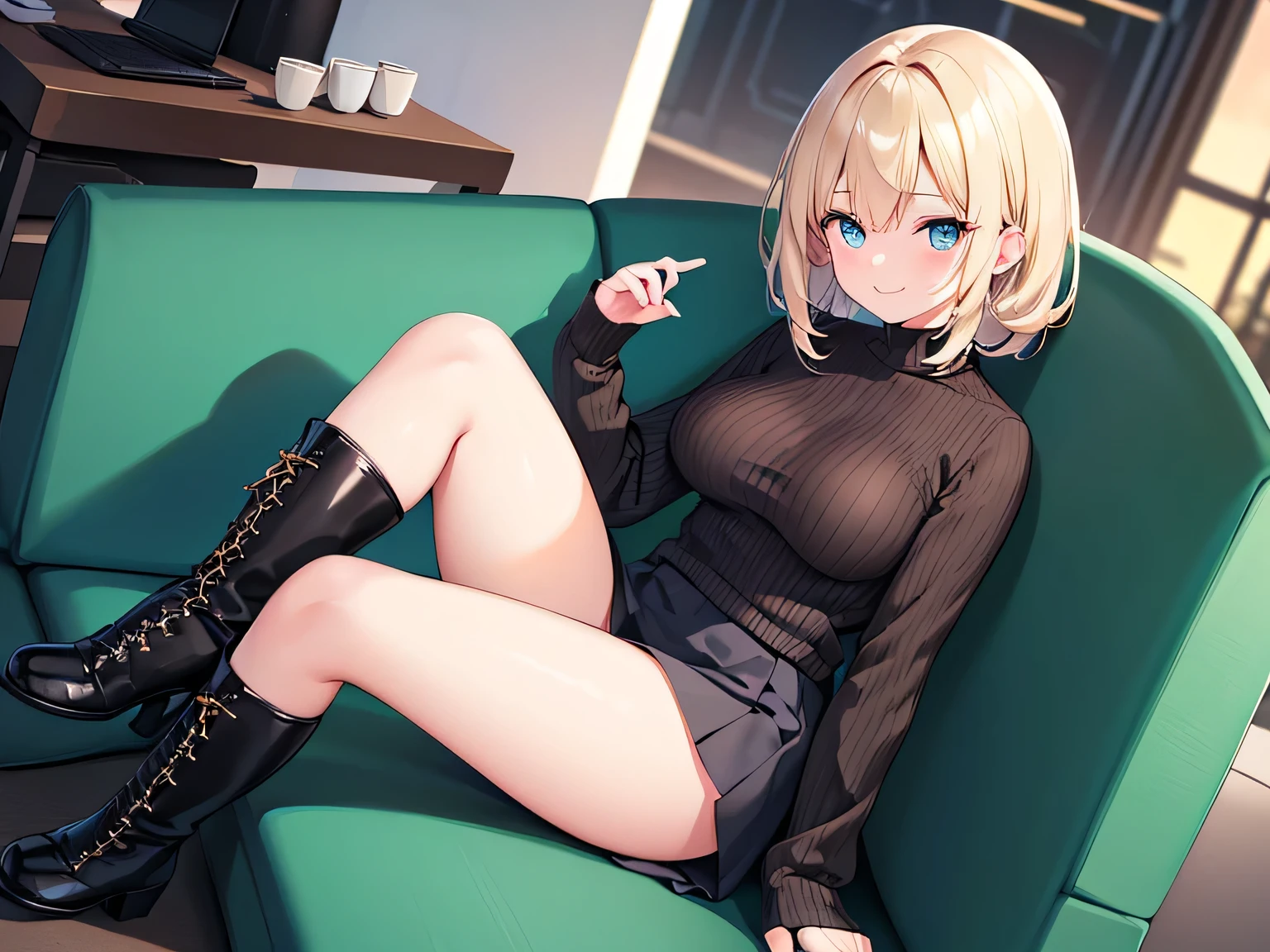 High resolution, 2D anime style,,blue eyes beautiful eyes,high and beautiful nose,thin face,blonde boyish short hair,Cool adult woman,chest is a little big,She looks very happy,bite'lips, she was very angry, she narrows her eyes,Punk fashion that shows cleavage,she is wearing a leather jacket and shorts.,have a guitar,i play the guitar,sing,Inside the studio
