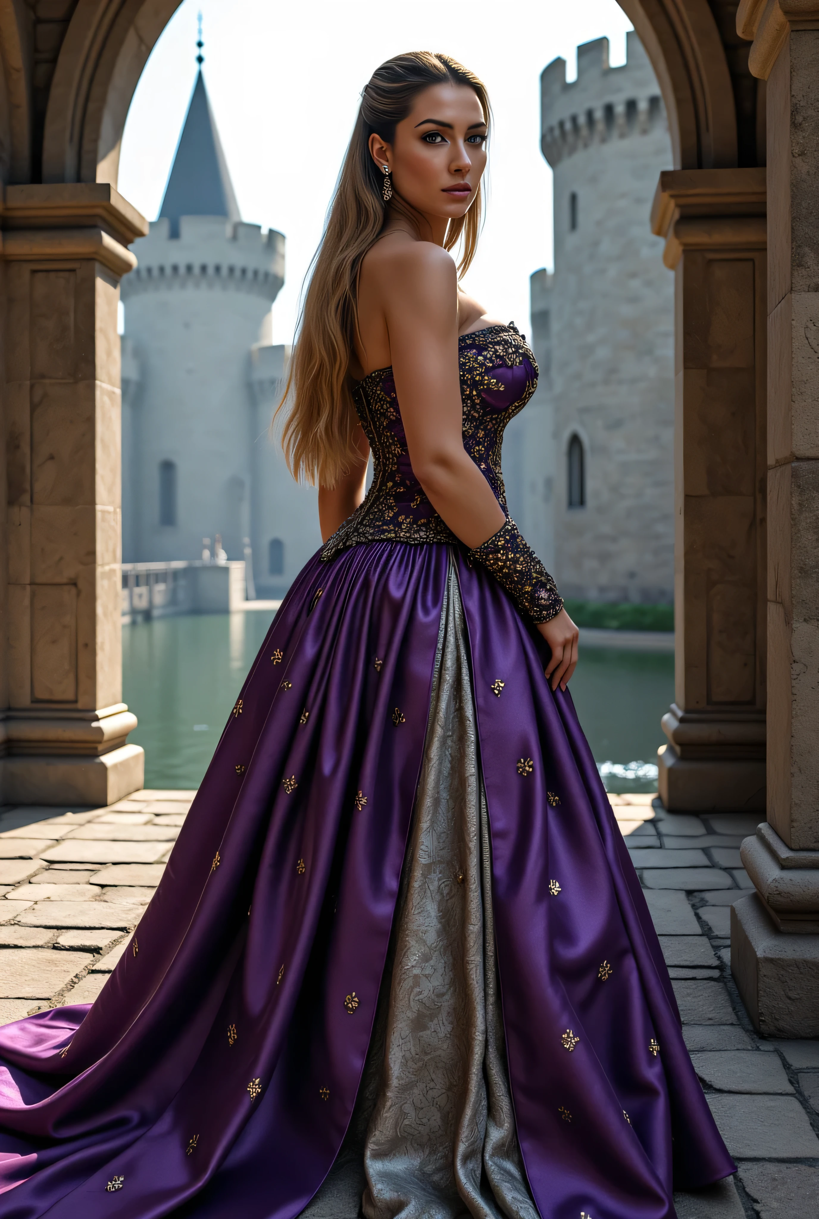 ((best quality, masterpiece, score_9, score_8_up)), intricate details, sharp focus, professional, real life, realistic representation of the face, dynamic pose, BREAK ((detailed (((athletic, (dark suntan, (purple silver chinoiserie renaissance ball gown, (queen, crown, jewels, turned slightly, realistic photograph, life-like photo))), blackout eye makeup, iceblue eyes), long straight bright blonde hair, titanium highlights in hair, smiling, smirk, red lipstick, outdoors, medieval stone castle, faraway moat)), professional lighting, photon mapping, radiosity, physically based rendering, hyper-realistic)), photorealistic