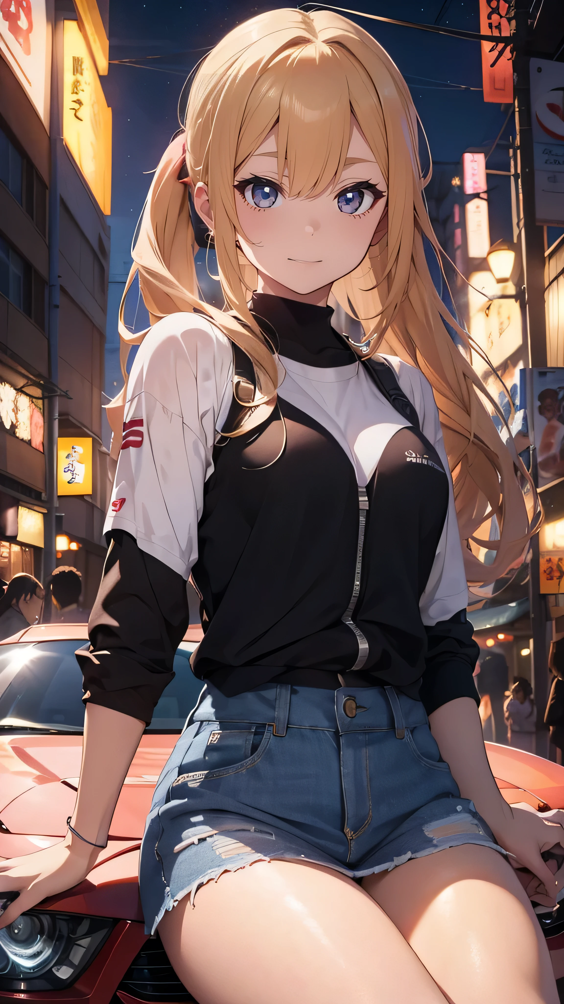 Anime girl, long blonde hair with pink strands, ponytail, pink eyes, sits on the hood of a tuned sports car, car with anime graphics, poses, looking at the viewer, street running style, Tokyo drift setting, night, neon lights, Ultra 8k, highly detailed, anime art



,sharp focus, perfect , perfect light,HDR,{{Award-winning}}, Anatomically correct, masterpiece, high resolution, High details, Reflected light, Anime Style, OctaneRender 8K, (;UHD)), structured skin, Make-up, 