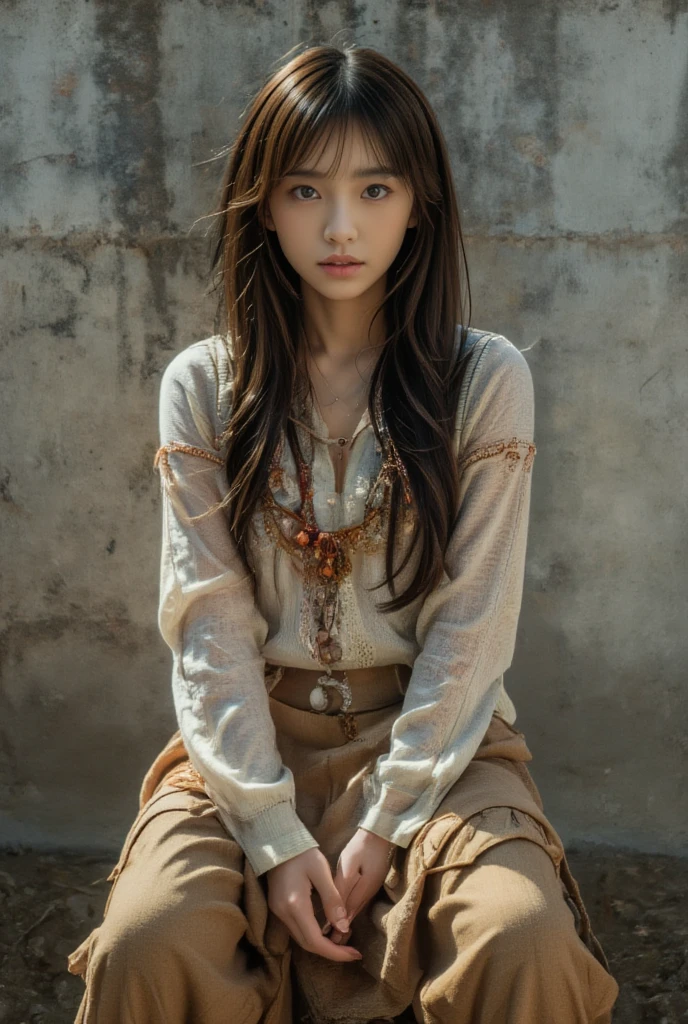 photo of Japanese girl, 1girl, long hair, brown hair, 

The image features a woman set against a rustic concrete wall emanating a gritty texture. She is posed sitting, yet positioned in a dynamic and somewhat theatrical manner. Her attire is lavish, hinting at bohemian elements; it includes layered skirts with a fusion of earthy colors, a textured top adorned with embellishments, beads, and a decorative headpiece which adds a dramatic flair to her ensemble. Her makeup is bold, emphasizing her eyes and pale skin, contrasting with her dark hair and the soft yet fierce expression on her face. This setup and styling, combined with the desaturated tones of the background, evoke a mood of rustic fashion and artistic expression. The woman's intense gaze away from the viewer invites speculation about her thoughts, adding a layer of intrigue to the image.