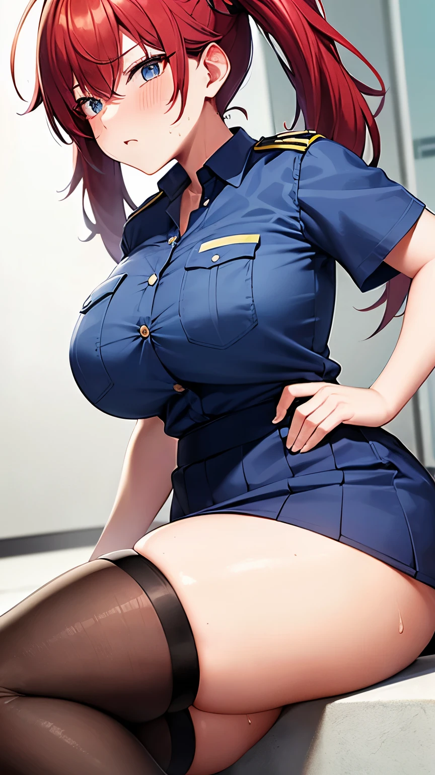 One beautiful mature woman, alone, Gorgeous face, (blush)、((Wearing a police uniform)), Grin、Red lips, eye shadow, eyeliner, ((Open legs)), With an ass like that, Huge breasts, Thighs Thighs, please sit down、Pink Bob Hair, lingerie, (masterpiece, highest quality, 8k, Realistic)