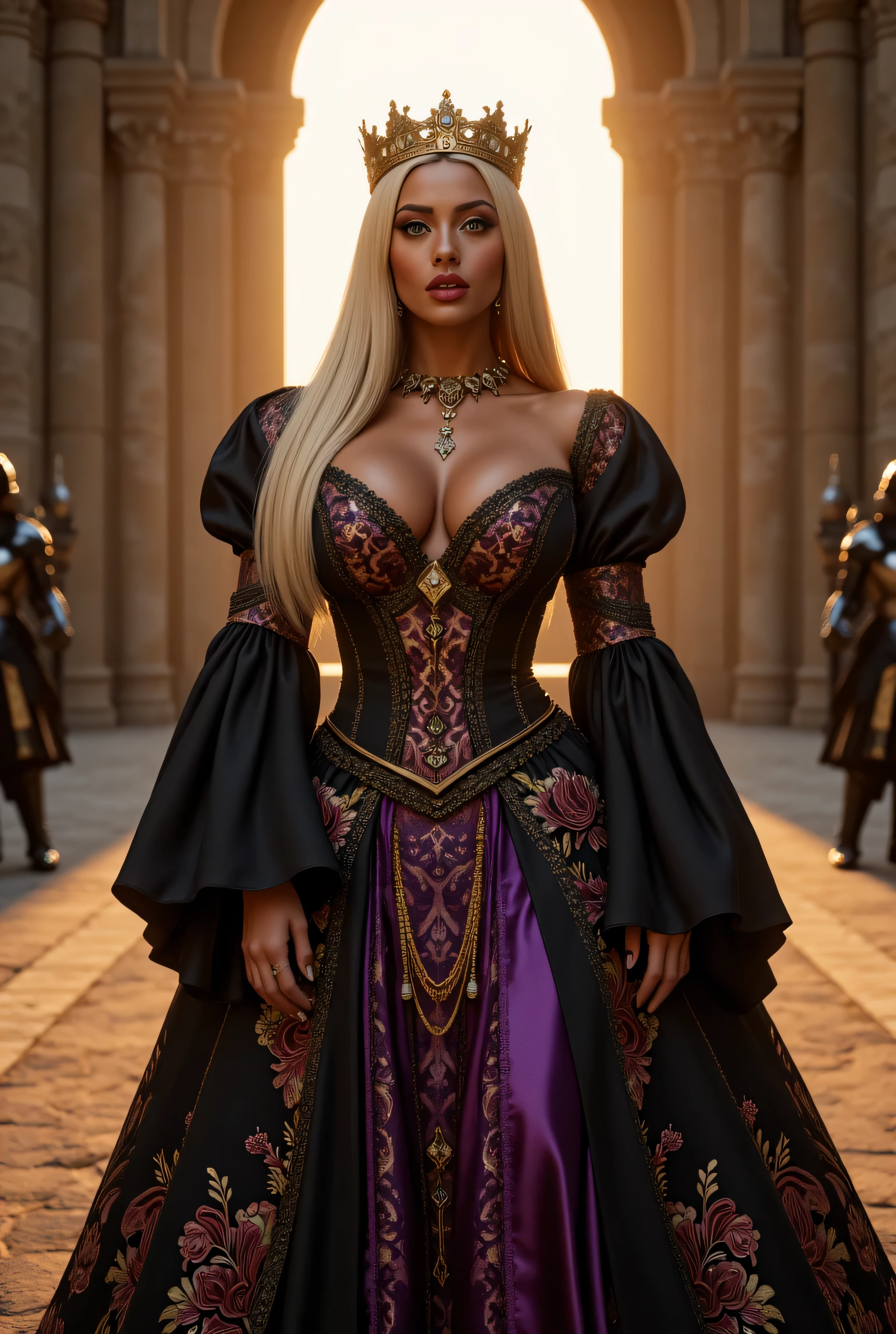 ((best quality, masterpiece, score_9, score_8_up)), intricate details, sharp focus, professional, real life, realistic representation of the face, dynamic pose, BREAK ((detailed (((athletic, (dark suntan, (black purple chinoiserie renaissance ball gown, (queen, crown, jewels, turned slightly, realistic photograph, life-like photo))), blackout eye makeup, iceblue eyes), long straight bright blonde hair, titanium highlights in hair, smiling, smirk, red lipstick, indoors, sunrise, medieval stone throne room, faraway fireplace, knights in chrome fullplate armor)), professional lighting, photon mapping, radiosity, physically based rendering, hyper-realistic)), photorealistic