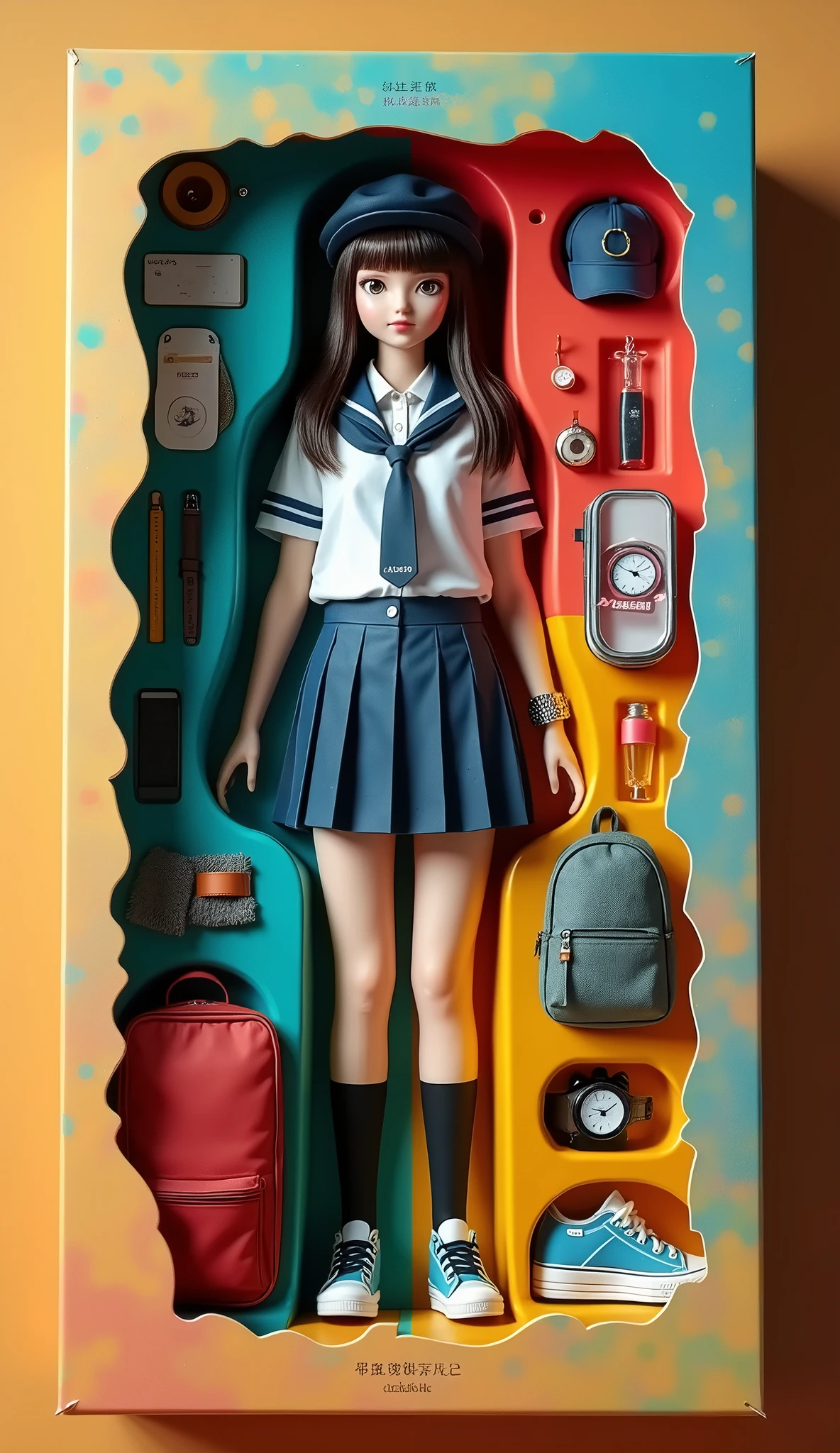 A close up of a doll in a box with a backpack - SeaArt AI