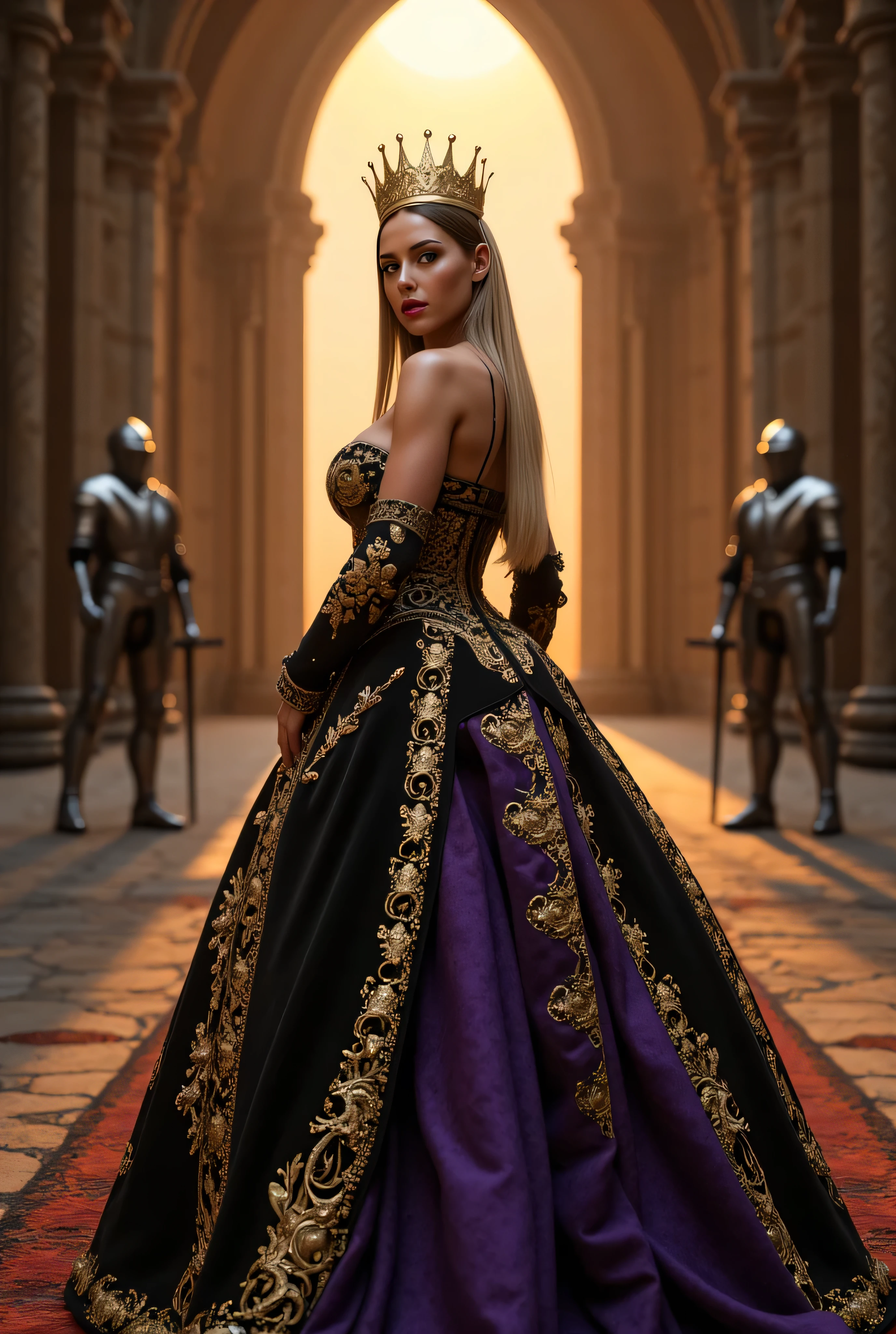 ((best quality, masterpiece, score_9, score_8_up)), intricate details, sharp focus, professional, real life, realistic representation of the face, dynamic pose, BREAK ((detailed (((athletic, (dark suntan, (black purple chinoiserie renaissance ball gown, (queen, crown, jewels, turned slightly, realistic photograph, life-like photo))), blackout eye makeup, iceblue eyes), long straight bright blonde hair, titanium highlights in hair, smiling, smirk, red lipstick, indoors, sunrise, medieval stone throne room, faraway fireplace, knights in chrome fullplate armor)), professional lighting, photon mapping, radiosity, physically based rendering, hyper-realistic)), photorealistic