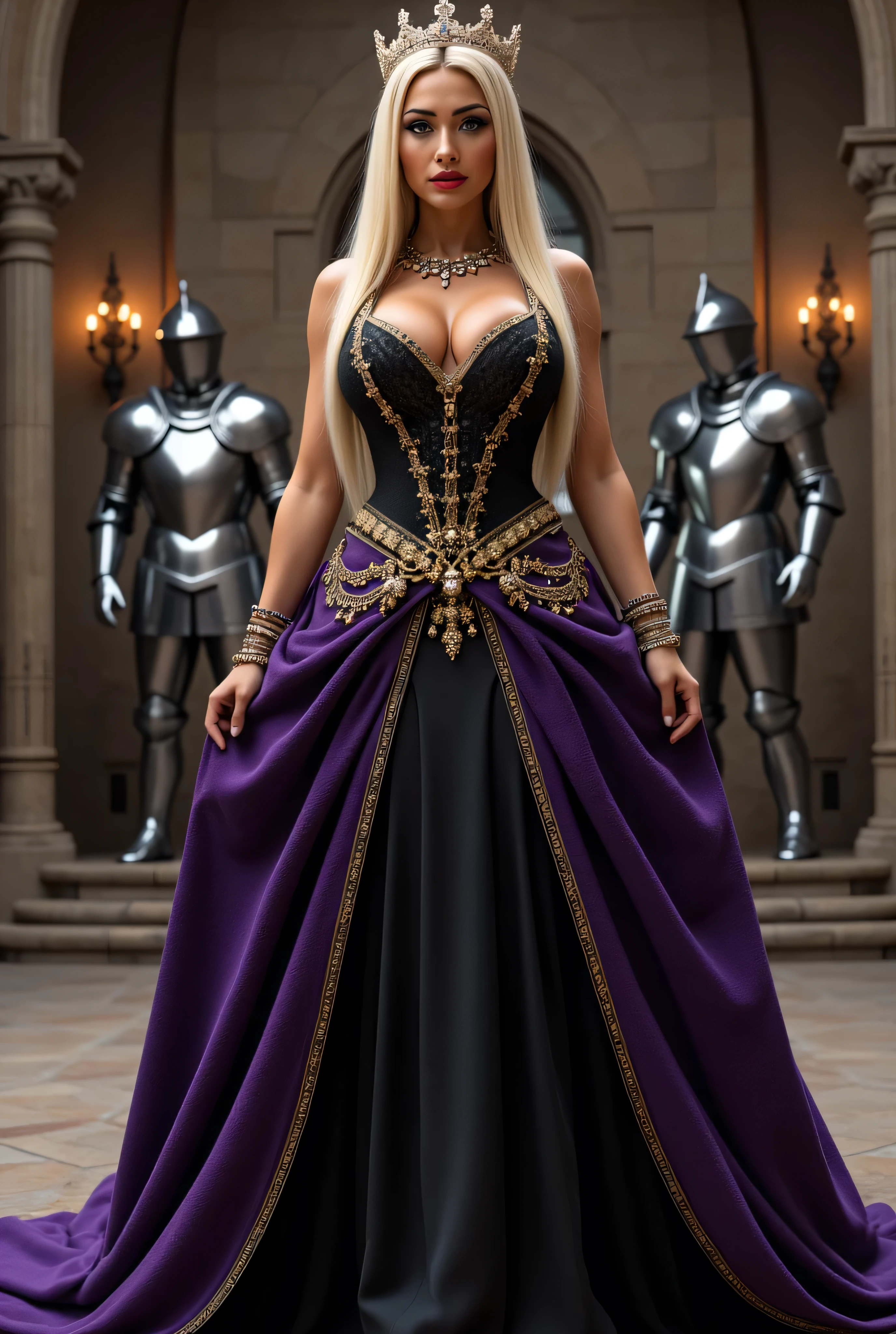 ((best quality, masterpiece, score_9, score_8_up)), intricate details, sharp focus, professional, real life, realistic representation of the face, dynamic pose, BREAK ((detailed (((athletic, (dark suntan, (black purple chinoiserie renaissance ball gown, (queen, crown, jewels, turned slightly, realistic photograph, life-like photo))), blackout eye makeup, iceblue eyes), long straight bright blonde hair, titanium highlights in hair, smiling, smirk, red lipstick, indoors, sunrise, standing in a medieval stone throne room, faraway fireplace, knights in chrome fullplate armor)), professional lighting, photon mapping, radiosity, physically based rendering, hyper-realistic)), photorealistic