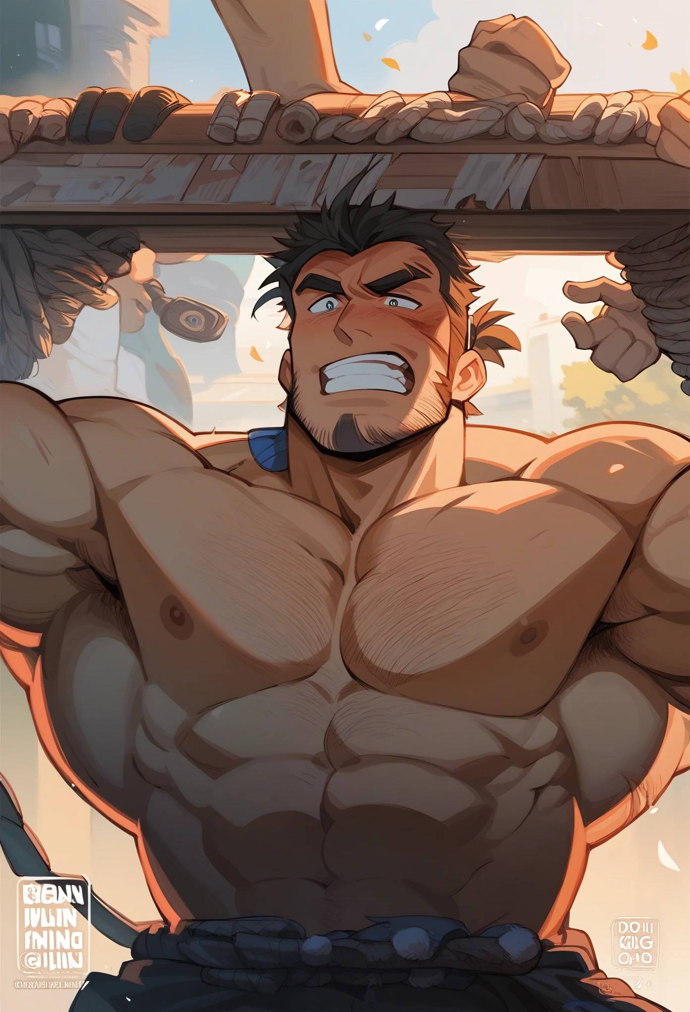 a close up of a cartoon character, muscular!!, by Okada Beisanjin, muscular! fantasy, two muscular men entwined, sci-fi, doujin, musclebound and hulking