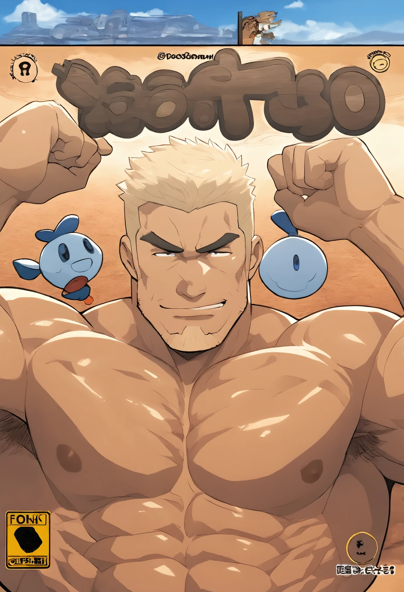 nappa, male focus, solo,cowboy shot, 1boy, bald, nipples, muscular male, smile, abs, grin,black vambraces, veins, pectorals, thighs, black eyes, topless male, mustache, (black briefs), tail around waist, (holding poke ball),sky, grass, cliff,  (best quality, masterpiece)