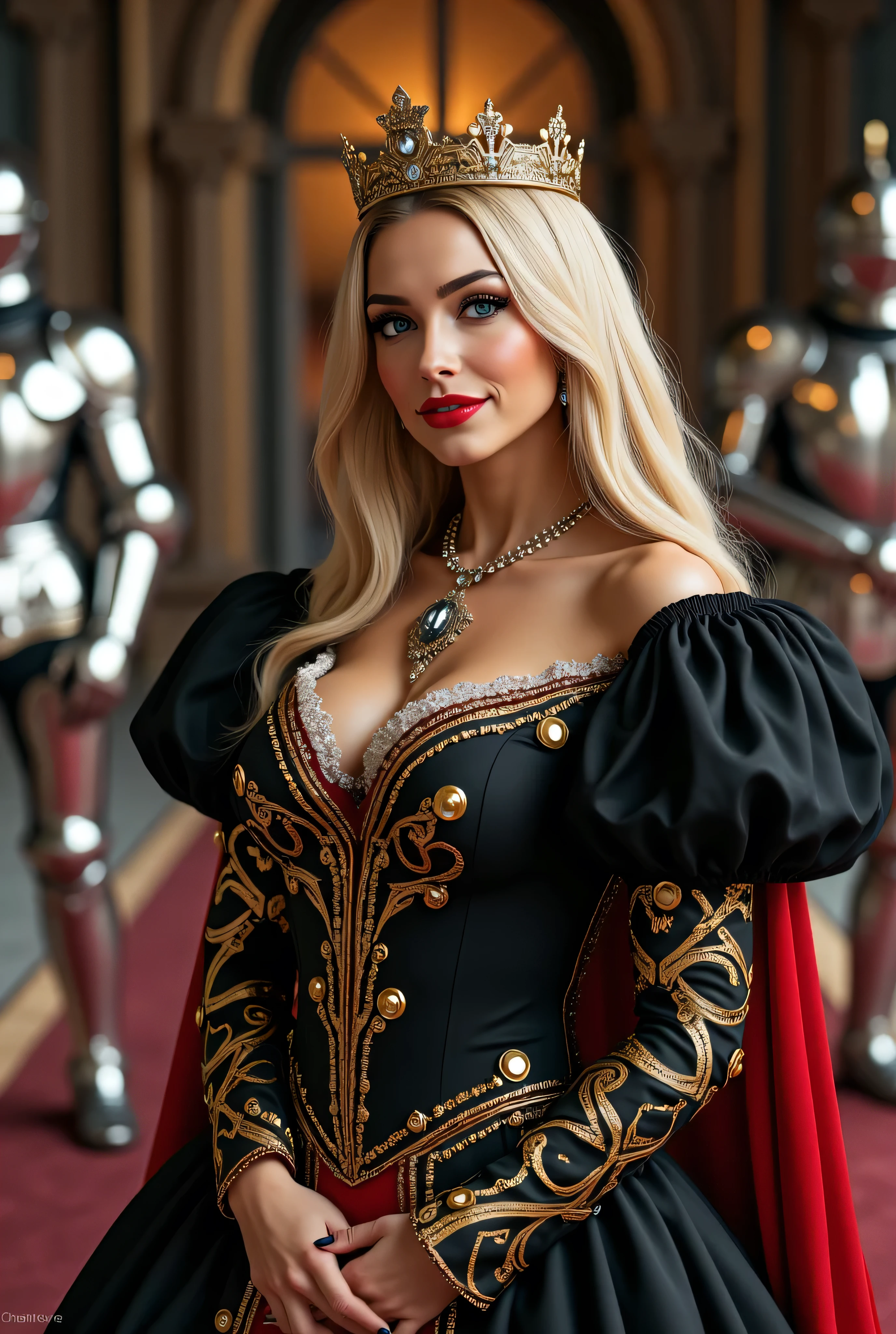 ((best quality, masterpiece, score_9, score_8_up)), intricate details, sharp focus, professional, real life, realistic representation of the face, dynamic pose, BREAK ((detailed (((athletic, (dark suntan, (black red white fleur-de-lis renaissance ball gown, (queen, crown, jewels, turned slightly, realistic photograph, life-like photo))), blackout eye makeup, iceblue eyes), long straight bright blonde hair, titanium highlights in hair, singing, smirk, red lipstick, indoors, sunrise, standing in a medieval stone throne room, faraway fireplace, knights in chrome fullplate armor)), professional lighting, photon mapping, radiosity, physically based rendering, hyper-realistic)), photorealistic
