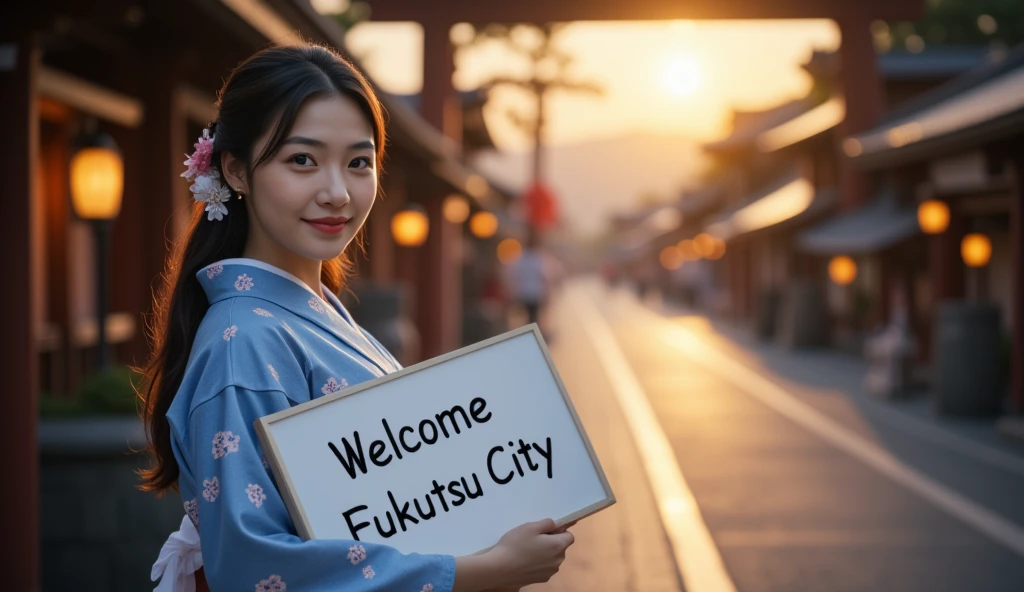 cowboy shot,  side face, 1 woman, beautiful young American  actress,  30-age, (dark brown hair ,long hair, beautiful brown eye, smile), (C cup breasts, wide hip), ( Japanese traditional blue Kimono, kimono's below  flower pattern , White obi with flower pattern, obi string ) ,  White board hold both hands, writing word "Welcome Fukutsu City" front Shinto shrine, The Road of Light , sunset , (super detail, high details, high quality, accurate, anatomically correct, textured skin, beautiful fingers super detail, high details, high quality, best quality)