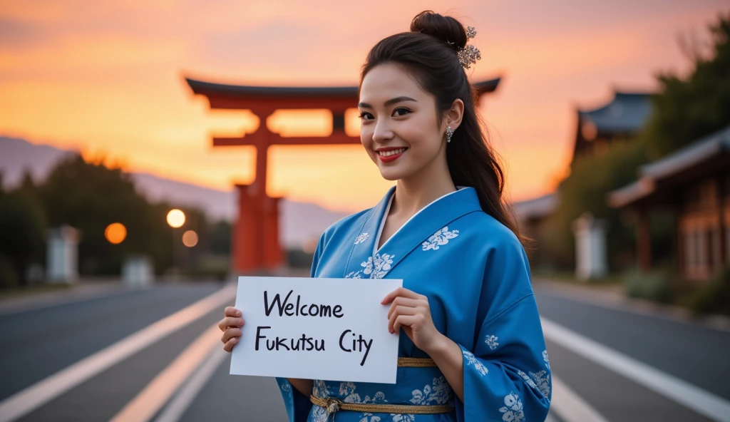 cowboy shot,  side face, 1 woman, beautiful young American  actress, Gal Gadot, 30-age, (dark brown hair ,long hair, beautiful brown eye, smile), (C cup breasts, wide hip), ( Japanese traditional blue Kimono, kimono's below  flower pattern , White obi with flower pattern, obi string ) ,  White board hold both hands, writing word "Welcome Fukutsu City" front Shinto shrine, The Road of Light , sunset , (super detail, high details, high quality, accurate, anatomically correct, textured skin, beautiful fingers super detail, high details, high quality, best quality)