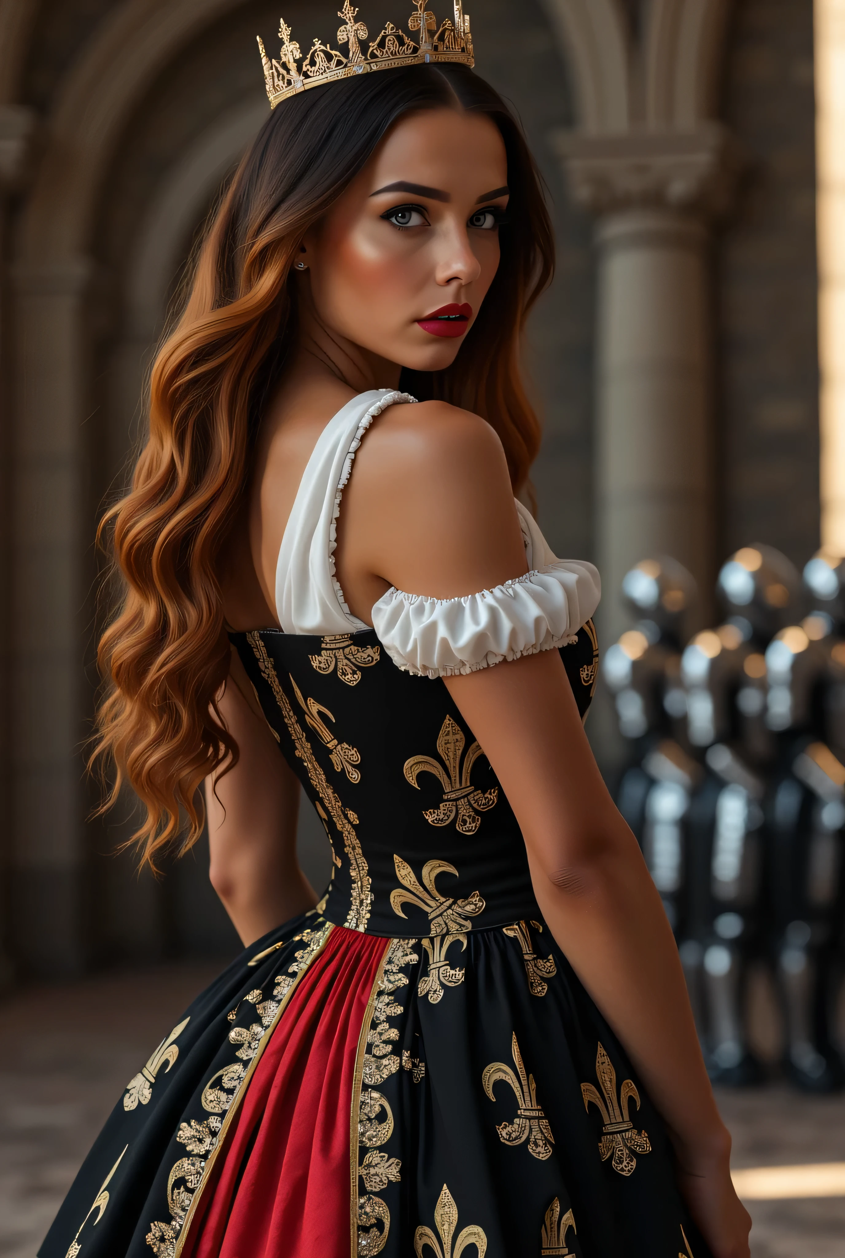 ((best quality, masterpiece, score_9, score_8_up)), intricate details, sharp focus, professional, real life, realistic representation of the face, dynamic pose, BREAK ((detailed (((athletic, (very dark suntan, (black red white fleur-de-lis renaissance ball gown, white silk bodice, aroused pokies, (queen, crown, jewels, turned slightly, realistic photograph, life-like photo))), blackout eye makeup, iceblue eyes), long wavy bright brunette hair, ginger highlights in hair, singing, smirk, red lipstick, indoors, sunrise, standing in a medieval stone throne room, faraway fireplace, knights in chrome fullplate armor)), professional lighting, photon mapping, radiosity, physically based rendering, hyper-realistic)), photorealistic