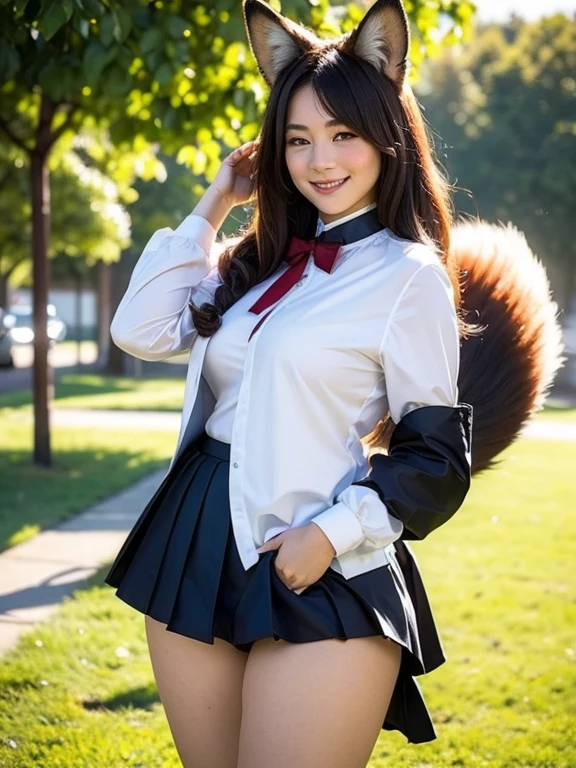 ((highest quality)), ((masterpiece)), (get used to it), perfect face, fox woman, Beautiful woman, public, A tail is growing, she has a fluffy tail, she has a fox tail, she wags her tail, smile, collar, She is wearing a CA uniform, beautiful hips, big breasts, big tail, crawl on all fours