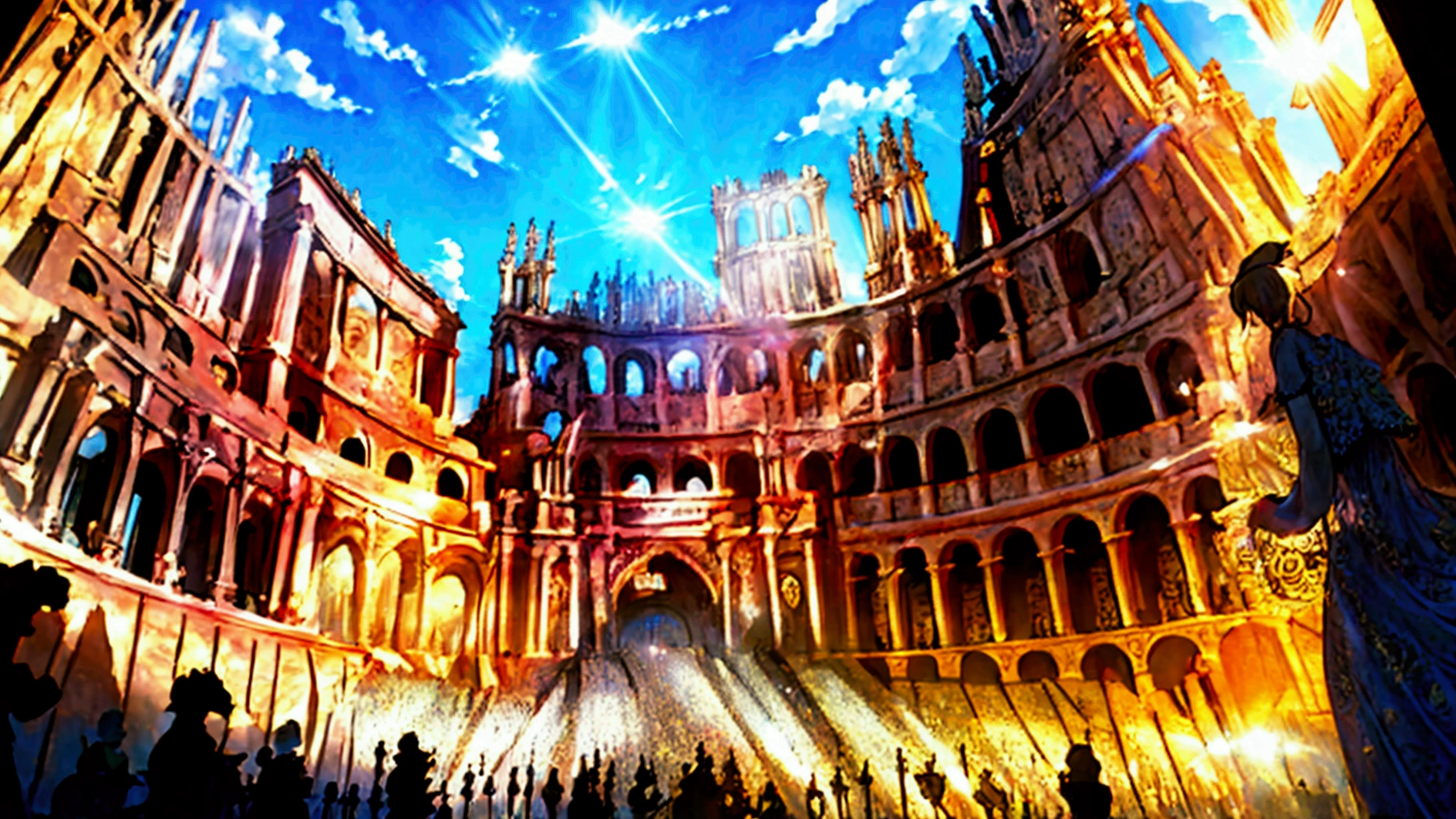 masterpiece, ((ultra detailed background, delicate pattern, intricate detail)), (highly detailed, fine details), best quality, beautiful lighting, A detailed, epic fantasy scene of the Dressrosa Colosseum, sunlight streaming in through the ornate architecture, crowds of spectators in the stands, high ceilings and columns, highly detailed, cinematic, dramatic lighting, rich colors, award-winning digital art