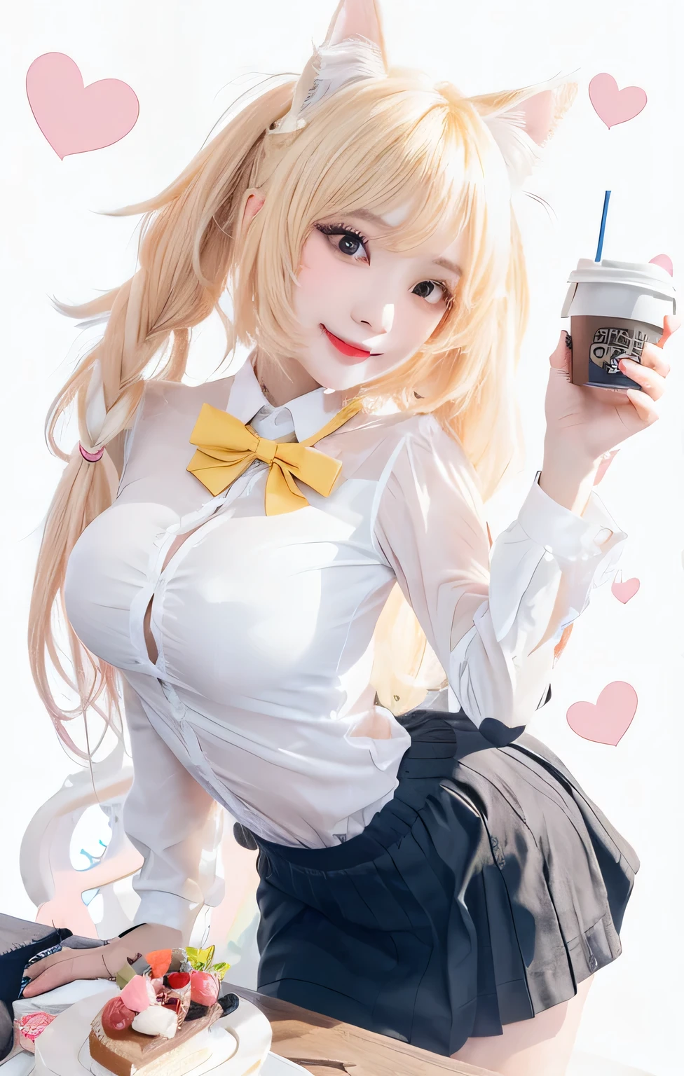 1girl, (Blue eyes), happy face, ((Sana Minatozaki)), wide hips, Big breasts, big butt, (Best Quality, 8k, Masterpiece: 1.3)), Clear focus: 1.2, Perfect body beauty: 1.4, Slender abs: 1.2, Wet body: 1.5, Highly detailed face and skin texture, detailed eyes, double eyelids ((twintails blonde hair)), long legs, maid, Hot pink_maid outfit, white thigh high stockings, high heels, whole body, tray in hand, walking, serving coffee to people, in a colorful maid cafe, (full shot)