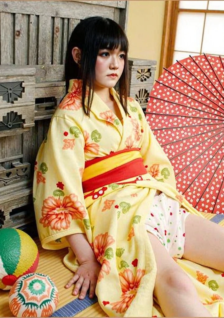 Low - Angle、Highest quality,Very detailed Japanese swamp monster in red kimono、Spread your legs and show your vagina、Dark night fog