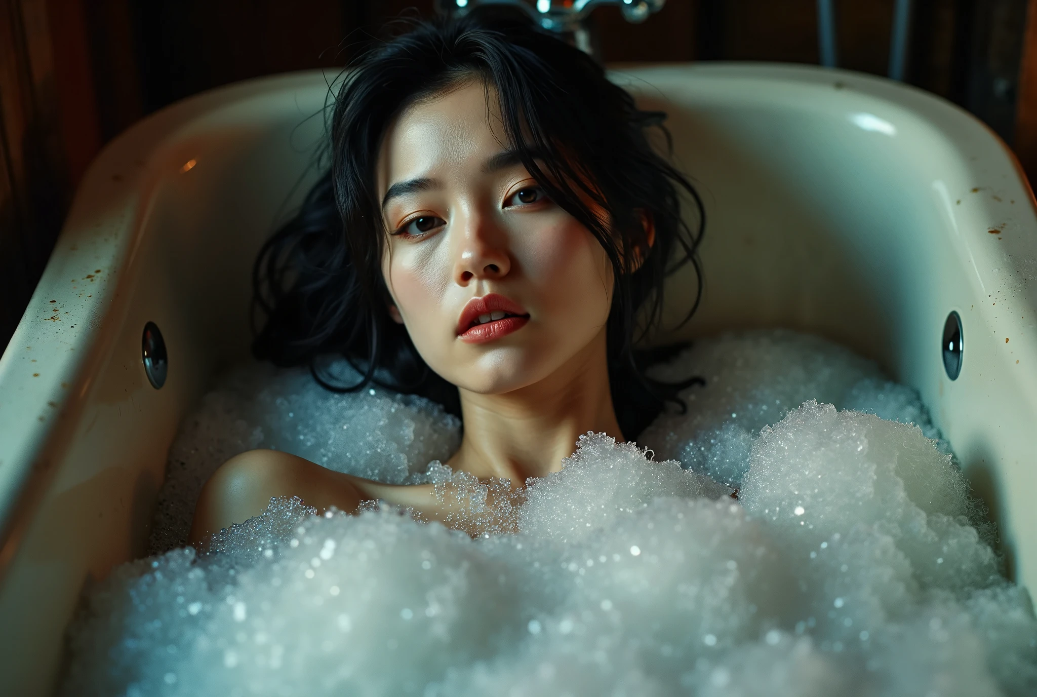 Professional photography, SFW, realistic, Wong Kar-Wai, retro, indoor, shot from top down photo of Asian woman lying in the bathtub, she has long messy black hair, she is bathing, she has pretty makeup, the bathtub full of soap foam, photo has bubbles flying in foreground, SFW censored by soap foam, intricate detailed