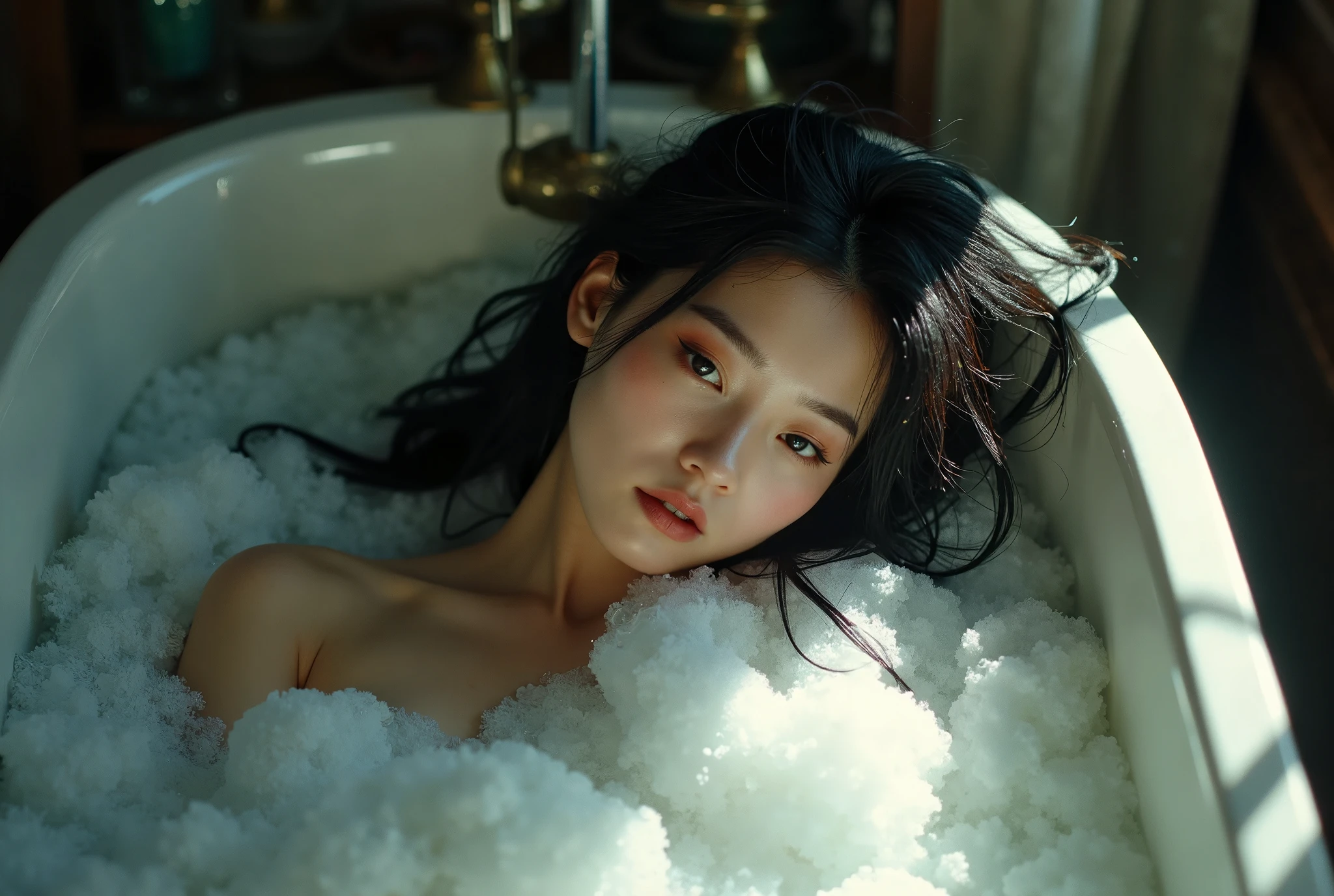 Professional photography, SFW, realistic, Wong Kar-Wai, retro, indoor, shot from top down photo of Asian woman lying in the bathtub, she has long messy black hair, she is bathing, she has pretty makeup, the bathtub full of soap foam, photo has bubbles flying in foreground, SFW censored by soap foam, intricate detailed