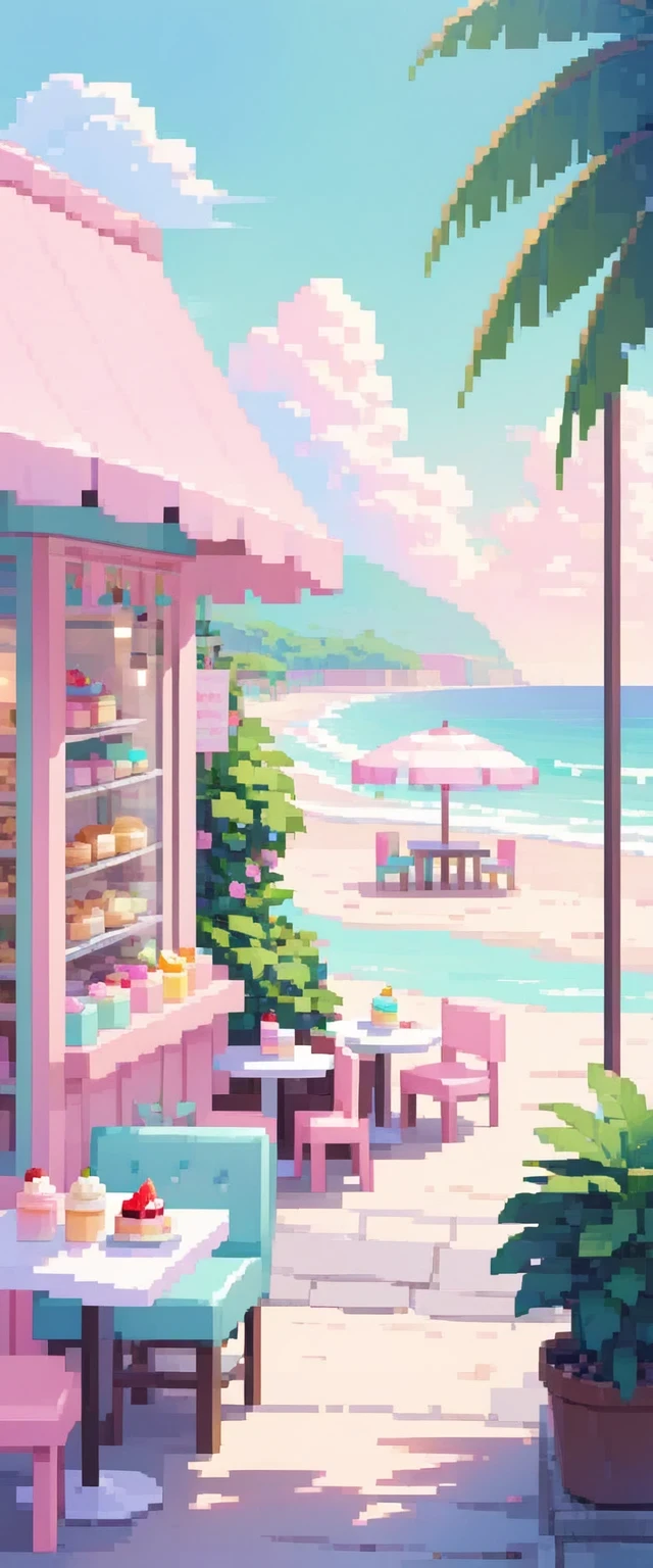 Lofi Cozy Dessert shop , pastel ,minimal ,Cute , Kawaii, beach