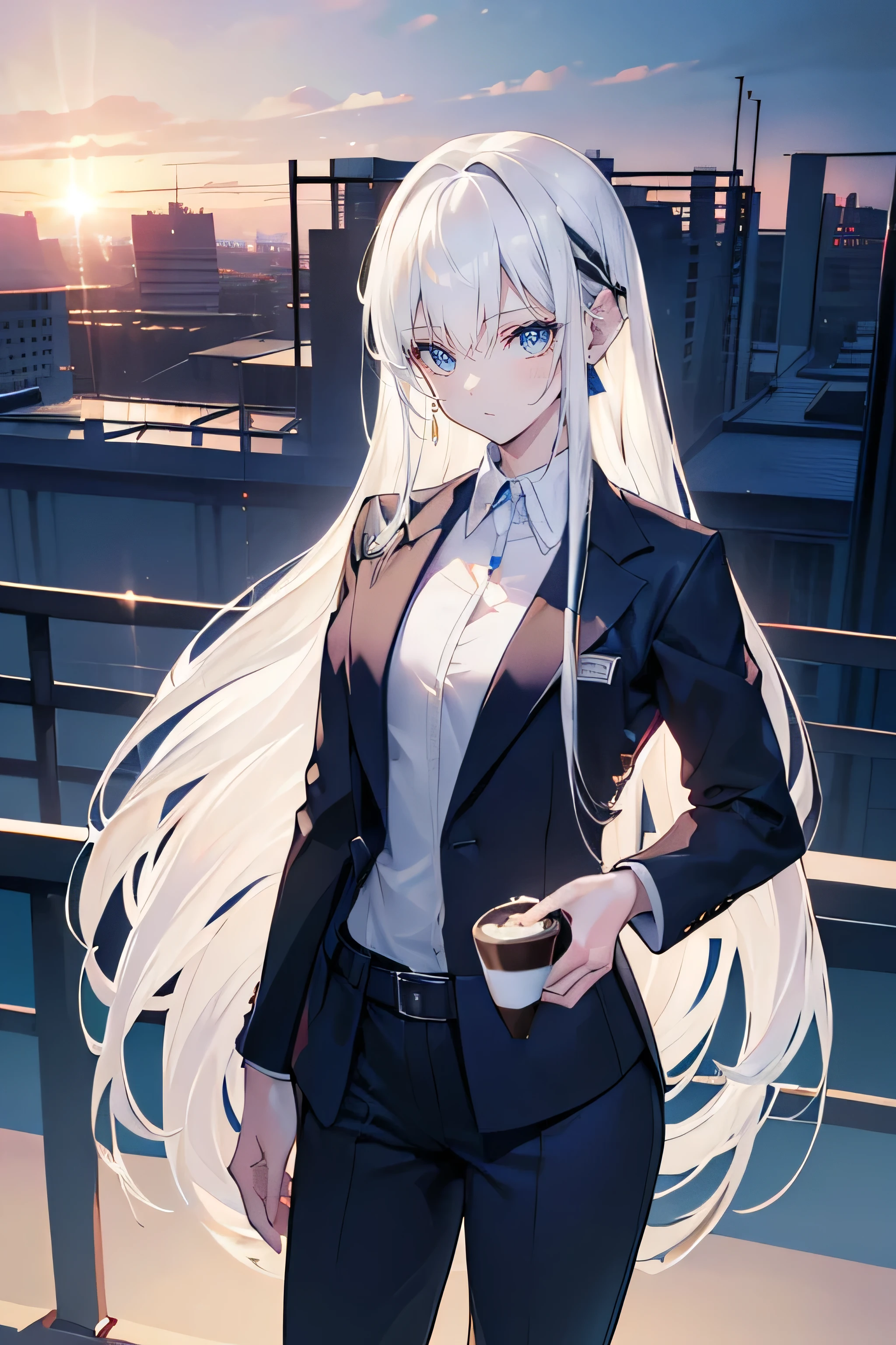 (Masterpiece: 1.1), (Best Quality, Ultra Resolution: 1.2), (8K Resolution: 1.2), (highest Quality), (Ultra detailed), (highest Resolution), beautiful face, ((ultra detailed face)), (deep blue eyes:1.4), (solo), (ultra detailed eyes), Dramatic, superfine illustration, Extremely detailed, Cinematic lighting, bishoujo, lady, pale skin, (light eyebrow), blush, (leaning on guardrail:1.2), looking far away, cowboy shot, model, ((business suit:2)), ((very long hair)), slender, small chest, ((holding coffee:1.4)), light smile, (white hair:1.4), (long hair:1.4), (straight hair:1.4), perfect body figure, (slender body, thin body:1.5), thin arms, thin legs, long arms, long legs, sunset, dusk, urban, ((bridge)), (guardrail)), ((skyline)), profile