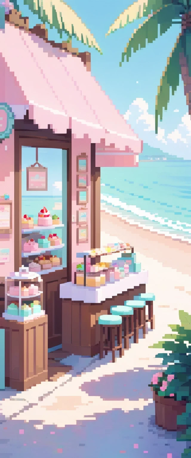 Lofi Cozy Dessert shop , pastel ,minimal ,Cute , Kawaii, beach