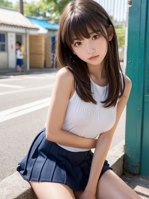 Representative works, highest quality,(10 year old cute Japanese woman:1.5),(Detailed young face:1.9),(very shy look:1.3),(thin legs:1.9),(Relax in the downtown area:1.8),(Summer clothes for schoolgirls:1.8),(droopy eyes:1.9),(big breasts:1.9),(smooth straight hair:1.5),(Whole body slender,thin legs),navy pleated skirt、White collared shirt、shirt with collar,very white skin,disappoint one'bangs,details body,fine hands,not wearing makeup、big breastsの谷間が見える、超big breasts、とてもbig breasts、huge 、big breasts、