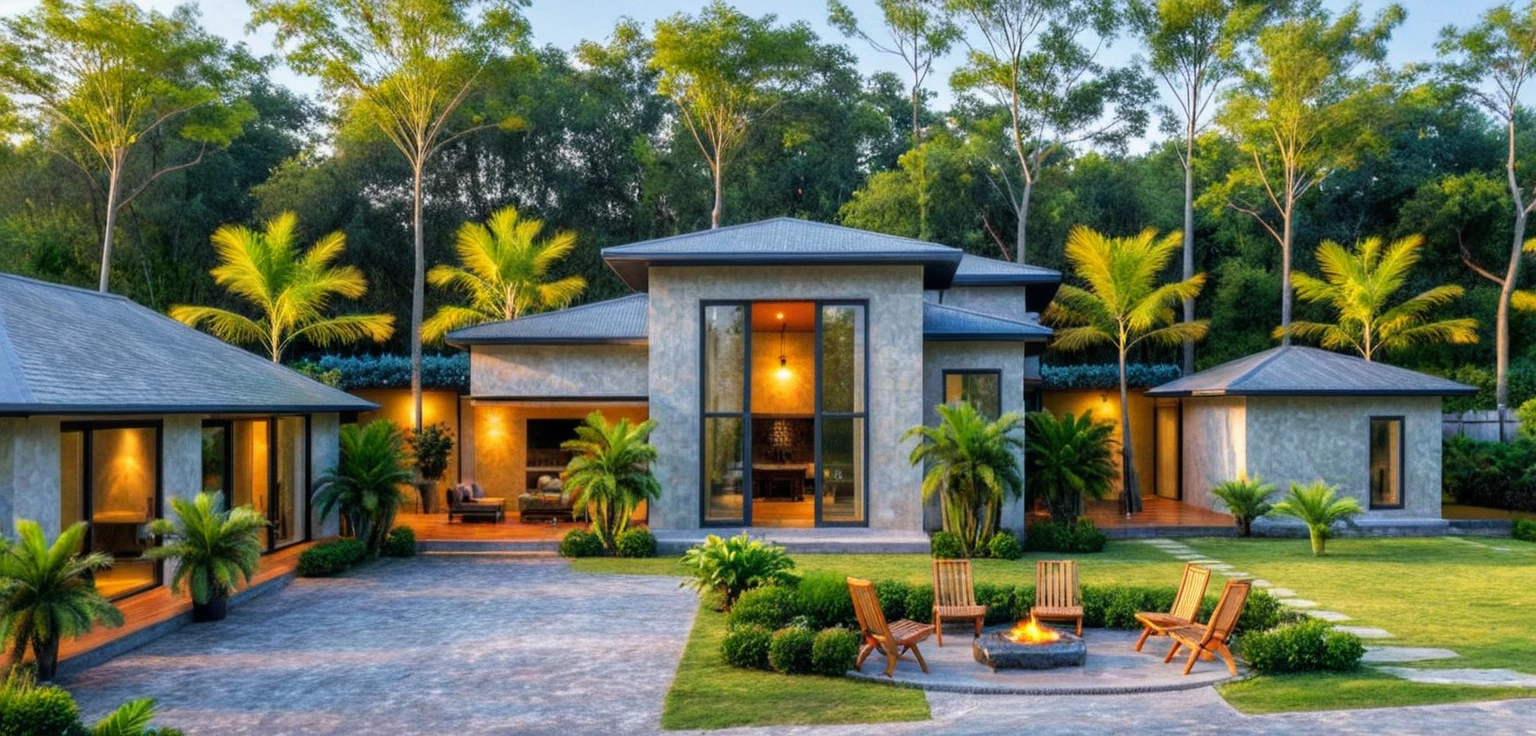 Real pictures of houses with balconies and balconies, idea houses, architectural ideas, architectural drawings, house designs, real pictures, daylight, beautiful plants, gray aluminum glass doors , interior lighting, spot light, 8k.