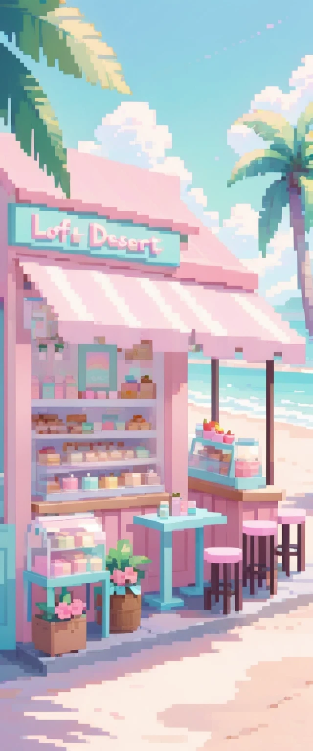 Lofi Cozy Dessert shop , pastel ,minimal ,Cute , Kawaii, beach