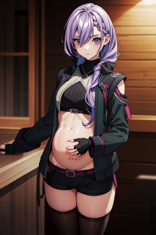 Iserevrna, Luna Jacket, Long Hair, Purple Hair, Braiding, Hair between the eyes, Braidinged bangs,
break thighhighs, gloves, Shorts, abdomen, Fingerless gloves, mask,
break looking at viewer,
break outdoors,
break (masterpiece:1.2), Best Quality, High resolution, Unity 8K Wallpapers, (figure:0.8), (Beautiful detailed eyes:1.6), Face in great detail, Perfect lighting, Highly detailed CG, (Perfect hands, Perfect Anatomy), During pregnancy
