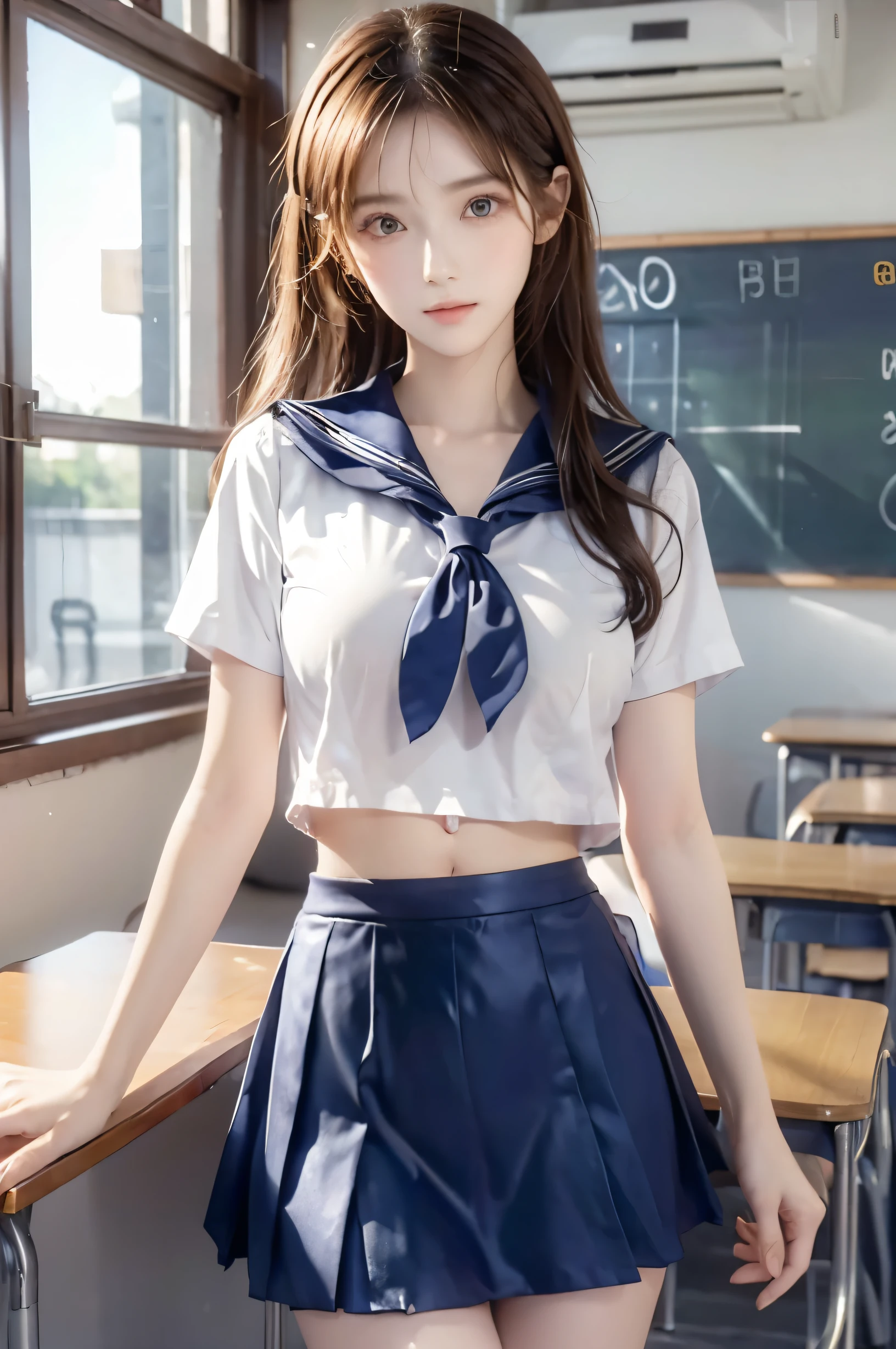 (Ultra HD), (Looking at me), (Short-sleeved sailor uniform, Navy blue mini skirt), Big Breasts, Super beautiful breasts, Slender, (Thin legs:1.2), (Thin thighs:1.2), (Thin Hips:1.4), (Beautiful Skin, Shiny skin, White skin), (Super slim face, Super beautiful face, No makeup, Smile:0.6), (Light Brown Hair, Semi-long, Layered Cut, Fluffy hair), (Big eyes:1.3, High corners of the eyes:1.6, double eyelid), (Thin eyebrows:0.1), (Small Nose:0.6), (Thin lips:0.6), Beautiful Hands, Empty-handed, Standing, School classroom