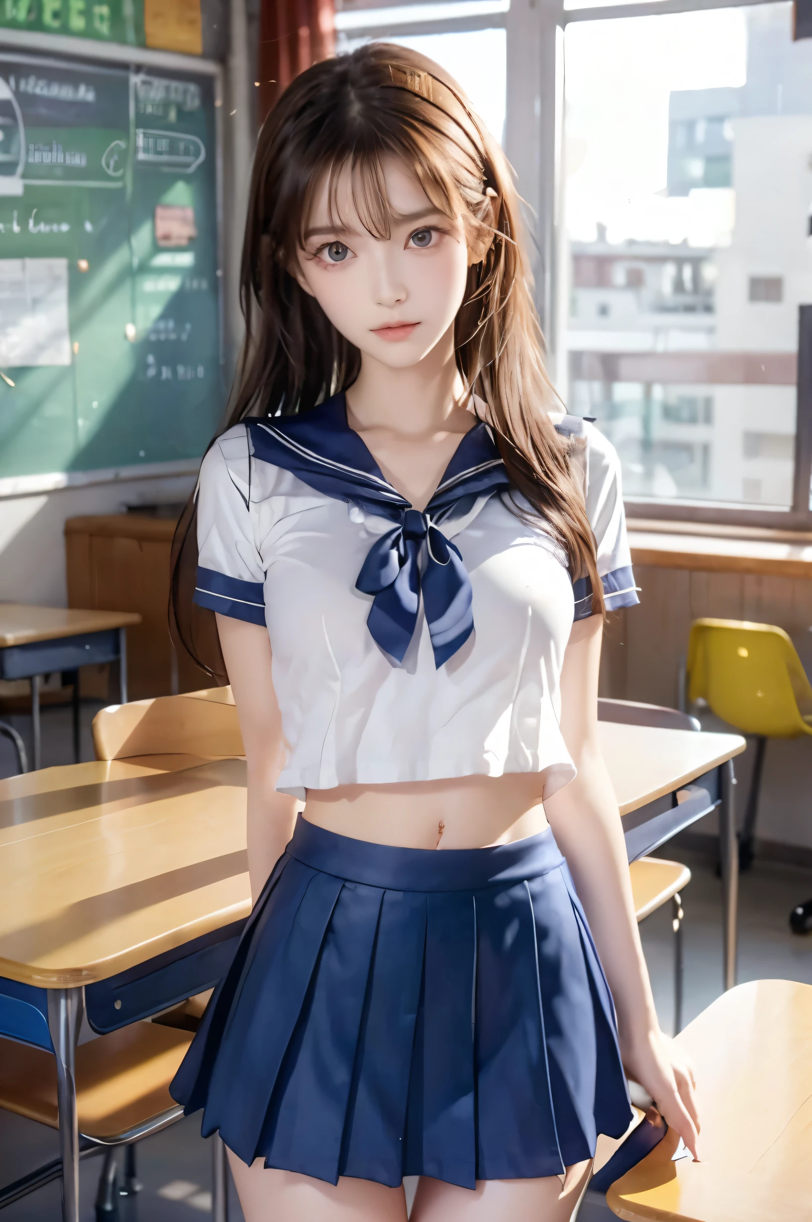 (Ultra HD), (Looking at me), (Short-sleeved sailor uniform, Navy blue mini skirt), Big Breasts, Super beautiful breasts, Slender, (Thin legs:1.2), (Thin thighs:1.2), (Thin Hips:1.4), (Beautiful Skin, Shiny skin, White skin), (Super slim face, Super beautiful face, No makeup, Smile:0.6), (Light Brown Hair, Semi-long, Layered Cut, Fluffy hair), (Big eyes:1.3, High corners of the eyes:1.6, double eyelid), (Thin eyebrows:0.1), (Small Nose:0.6), (Thin lips:0.6), Beautiful Hands, Empty-handed, Standing, School classroom