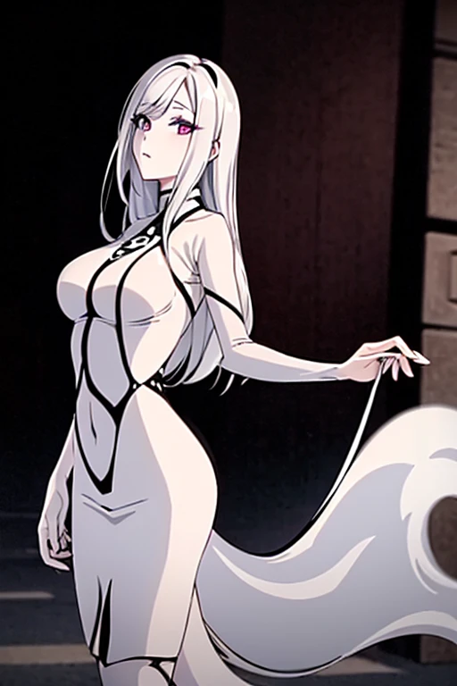 Fantasmatica waifu, with a long tight white dress , by the wide, ojos morados, black lipstick, long white hair blanco, big bust (adventure), high resolution 