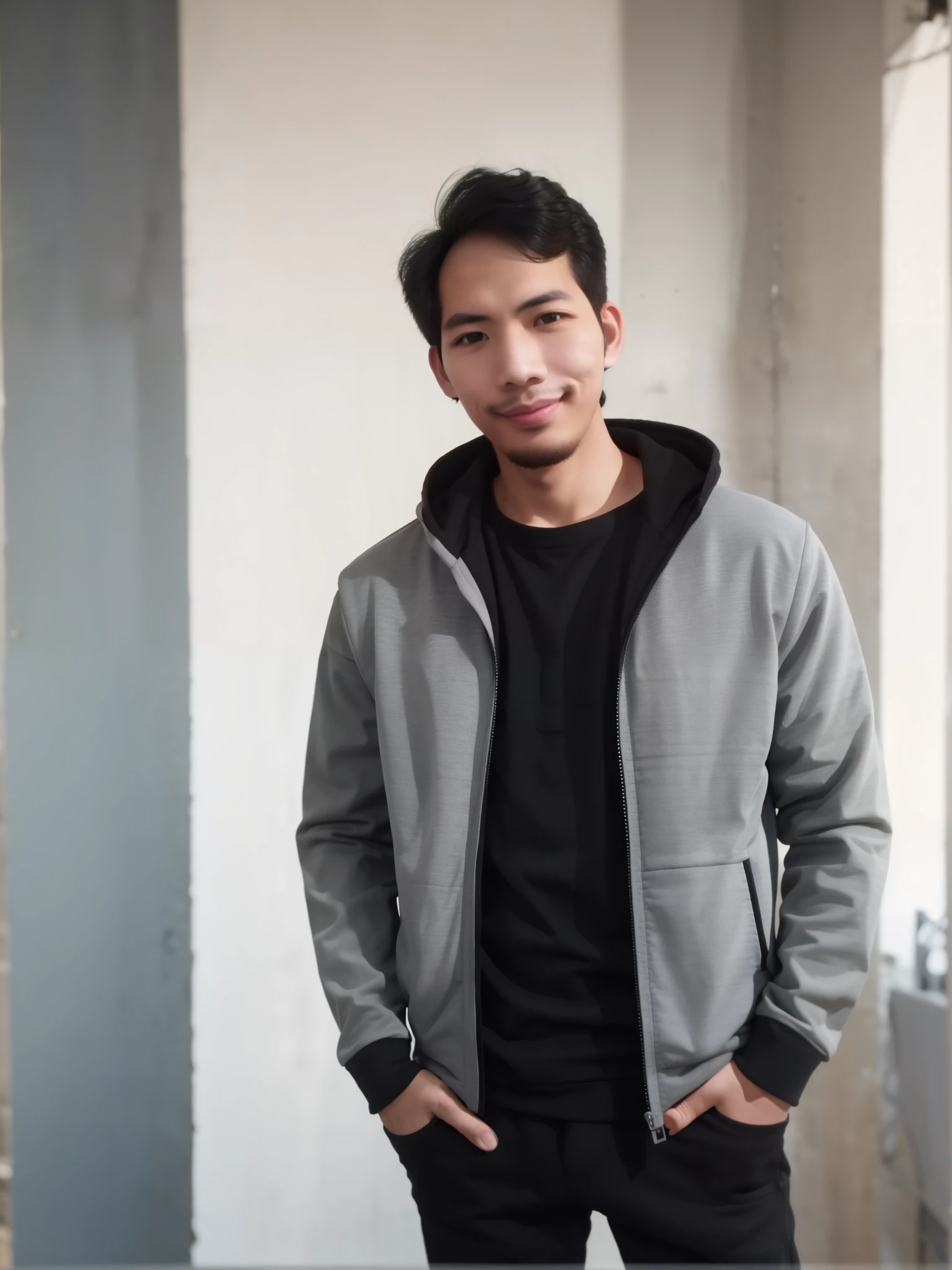 Male wearing a black jacket, cool, at the night park, background mountain, with a little smile expression, short hair, standing, half body view, wearing black pants