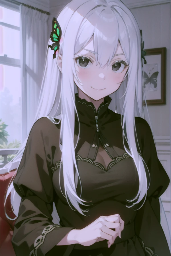 ((Echidna:1.3)),Big eyelashes, (Gray Hair:1.1), Long Hair, Straight hair, (Black Eyes:1.5),(black dress),butterfly hair accessories,long dress,(masterpiece:1.2),High resolution,((8k wallpaper:1.3)),(Beautiful detailed eyes:1.5),Highly detailed face,Extremely detailed CG,(Perfect Anatomy),((gentle smile:1.1)),((tilt head:1.2)),(evil smile:1.2),hard on cheek,(hull body),cute,tea time,relax