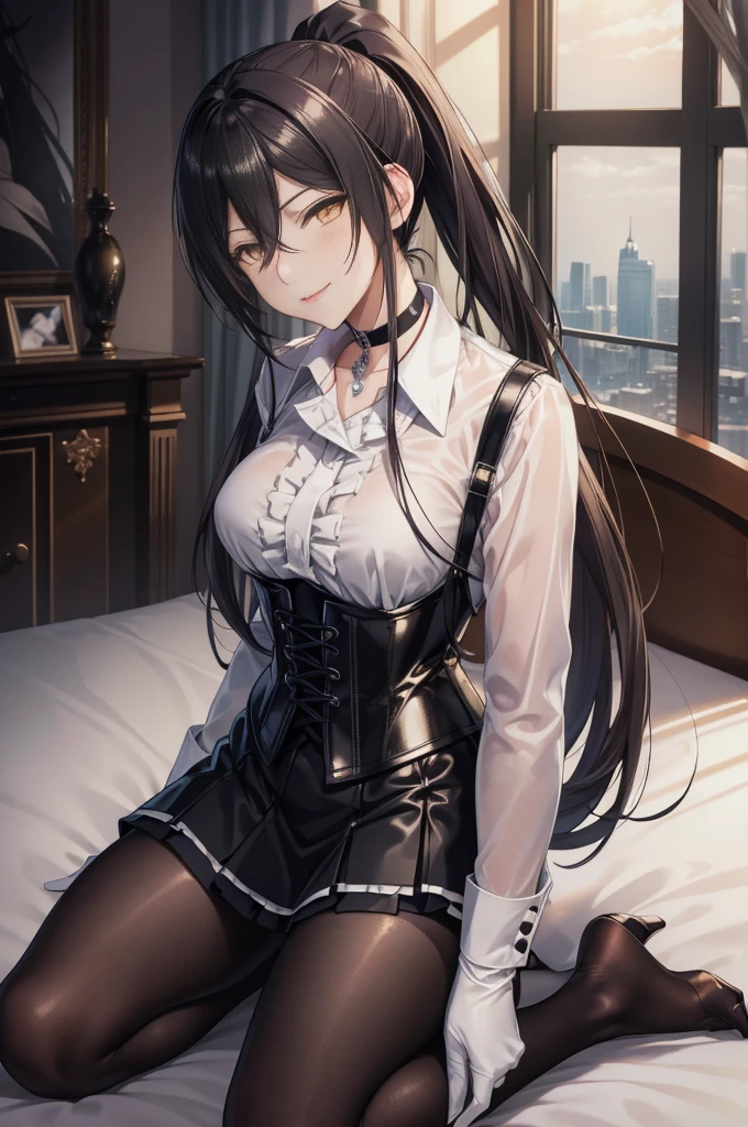 Sakuya Shirase, Sakuya Shirase first, long black ponytail hair, masterpiece, The best quality, high resolution, Beautiful detailed eyes, amber yellow eyes, extremely detailed face, good lighting, Detailed CG, 1 woman, kneeling on a bed, View from the front,  blush, smug expression. show smile, shiny lips, choker:1.6, ((White collar button-down shirt with white long sleeves)), black gloves, gloves that cover the hands, (black leather corset), (Black miniskirt), (dark brown tights), elegant dining room, mansion, night, neon lights