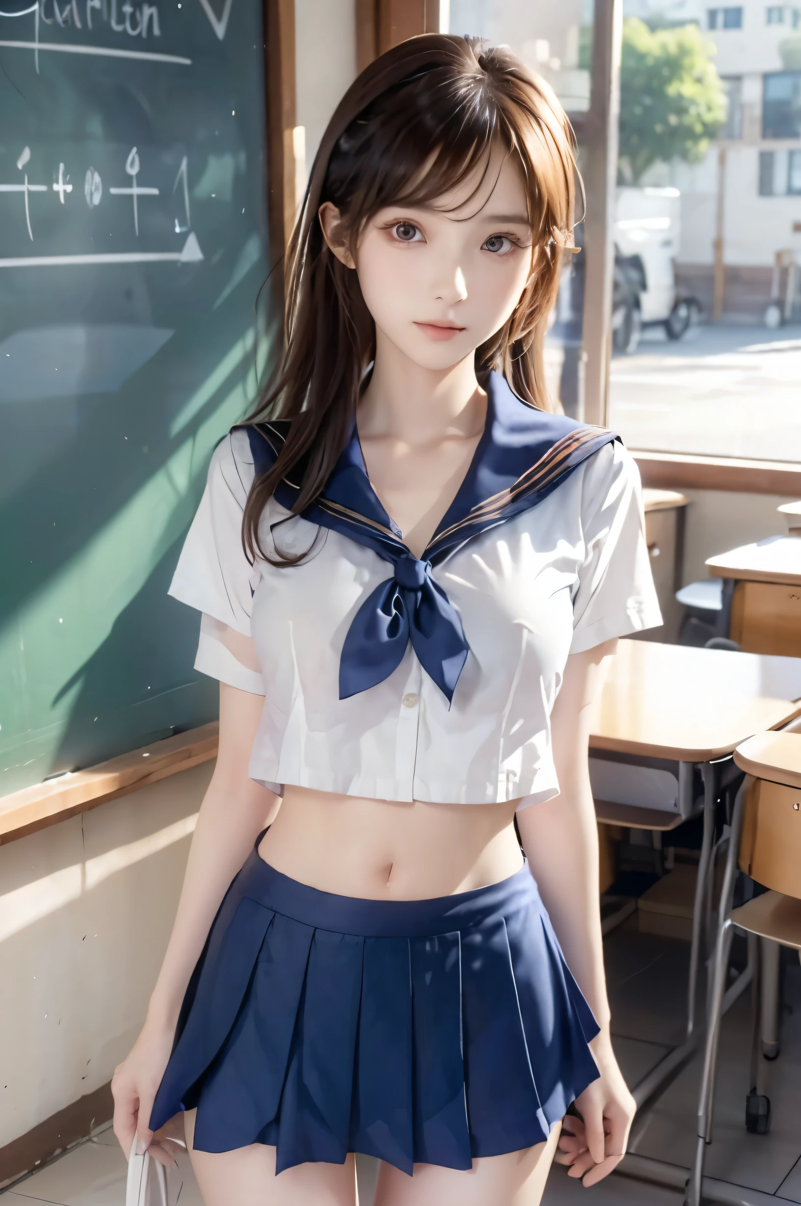 (Ultra HD), (Looking at me), (Short-sleeved sailor uniform, Navy blue mini skirt), Big Breasts, Super beautiful breasts, Slender, (Thin legs:1.2), (Thin thighs:1.2), (Thin Hips:1.4), (Beautiful Skin, Shiny skin, White skin), (Super slim face, Super beautiful face, No makeup, Smile:0.6), (Light Brown Hair, Semi-long, Layered Cut, Fluffy hair), (Big eyes:1.3, High corners of the eyes:1.6, double eyelid), (Thin eyebrows:0.1), (Small Nose:0.6), (Thin lips:0.6), Beautiful Hands, Empty-handed, Standing, School classroom