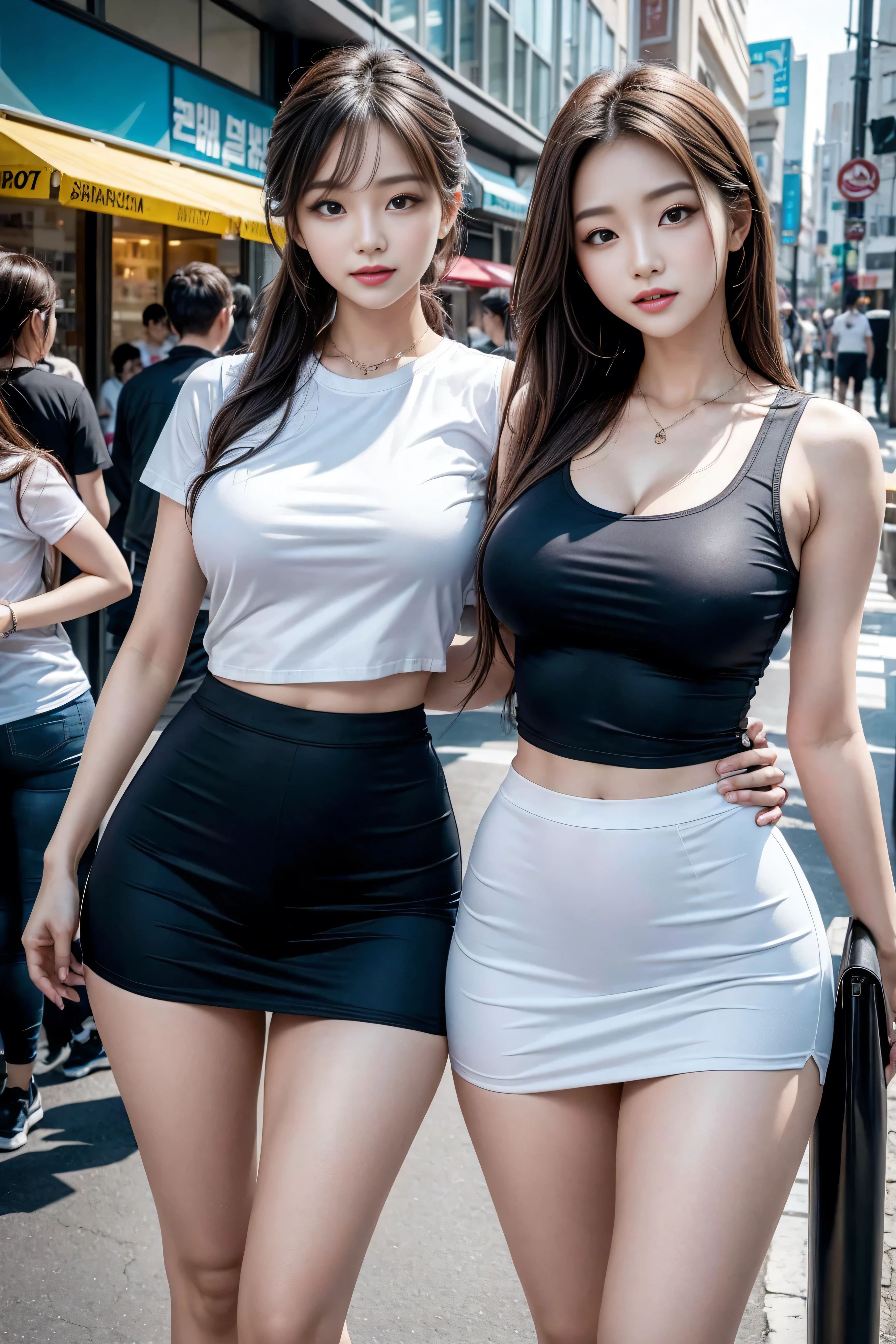 Two asian women in short skirts are posing for a picture - SeaArt AI