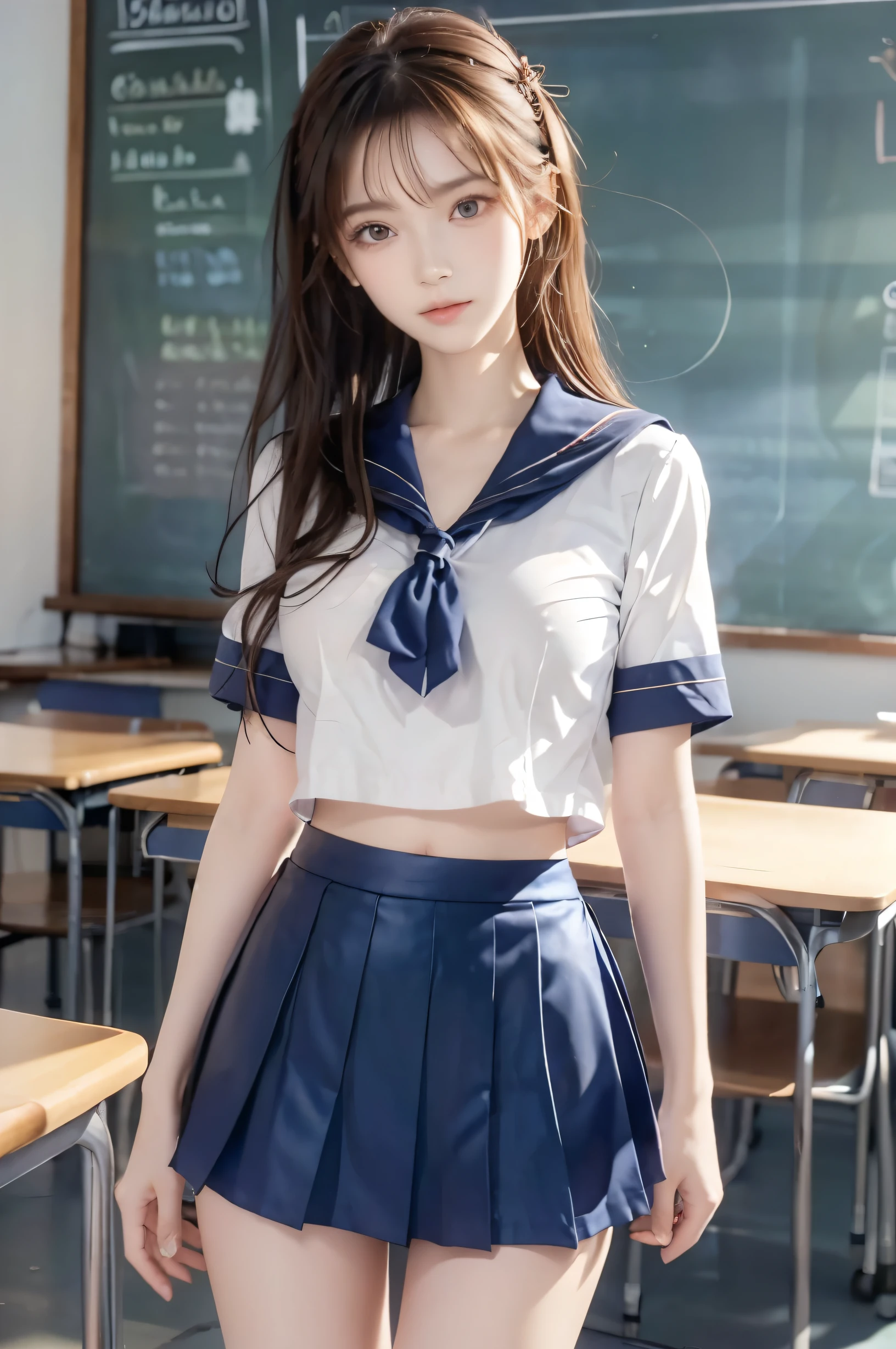 (Ultra HD), (Looking at me), (Short-sleeved sailor uniform, Navy blue mini skirt), Big Breasts, Super beautiful breasts, Slender, (Thin legs:1.2), (Thin thighs:1.2), (Thin Hips:1.4), (Beautiful Skin, Shiny skin, White skin), (Super slim face, Super beautiful face, No makeup, Smile:0.6), (Light Brown Hair, Semi-long, Layered Cut, Fluffy hair), (Big eyes:1.3, High corners of the eyes:1.6, double eyelid), (Thin eyebrows:0.1), (Small Nose:0.6), (Thin lips:0.6), Beautiful Hands, Empty-handed, Standing, School classroom