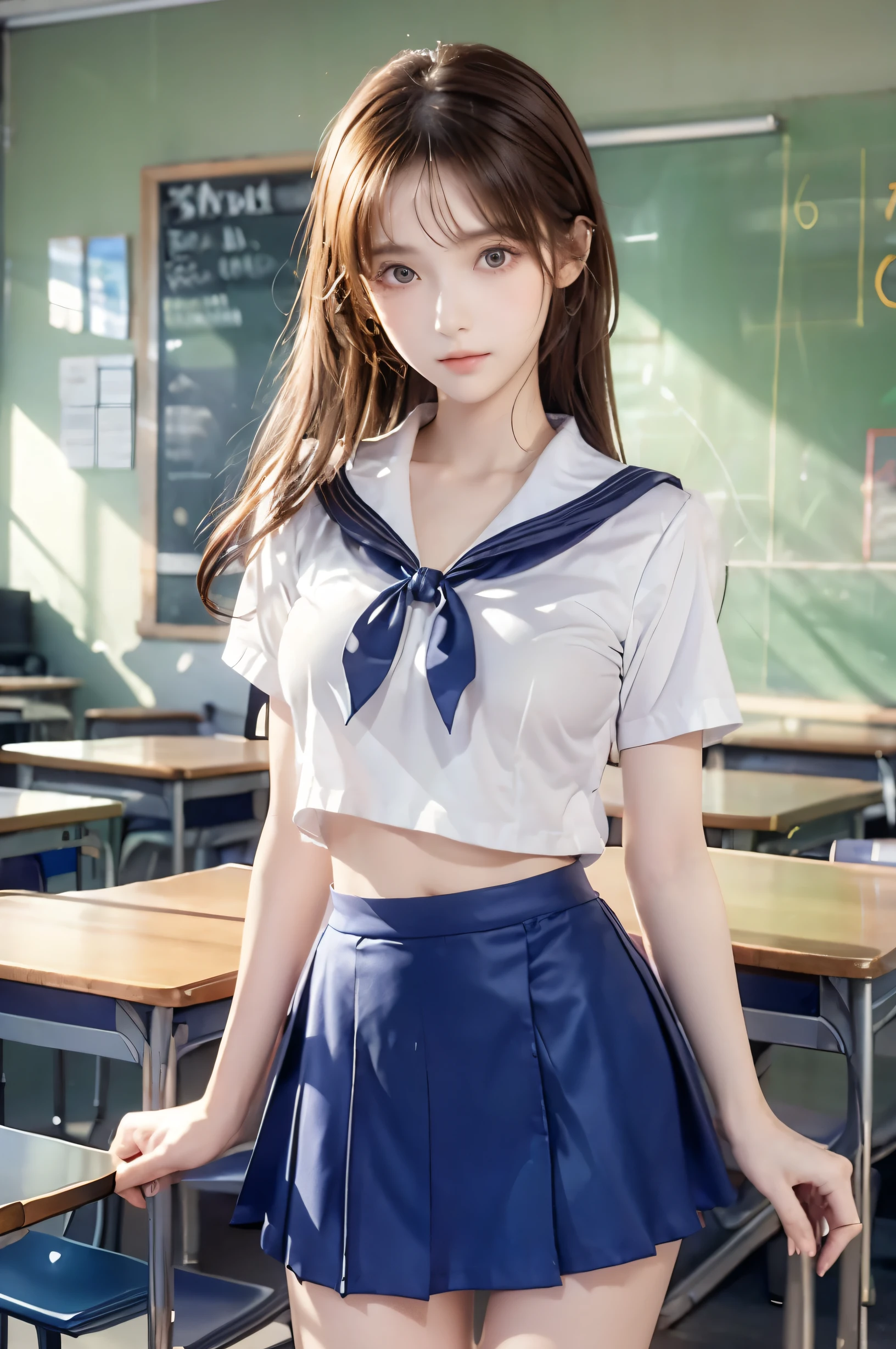 (Ultra HD), (Looking at me), (Short-sleeved sailor uniform, Navy blue mini skirt), Big Breasts, Super beautiful breasts, Slender, (Thin legs:1.2), (Thin thighs:1.2), (Thin Hips:1.4), (Beautiful Skin, Shiny skin, White skin), (Super slim face, Super beautiful face, No makeup, Smile:0.6), (Light Brown Hair, Semi-long, Layered Cut, Fluffy hair), (Big eyes:1.3, High corners of the eyes:1.6, double eyelid), (Thin eyebrows:0.1), (Small Nose:0.6), (Thin lips:0.6), Beautiful Hands, Empty-handed, Standing, School classroom