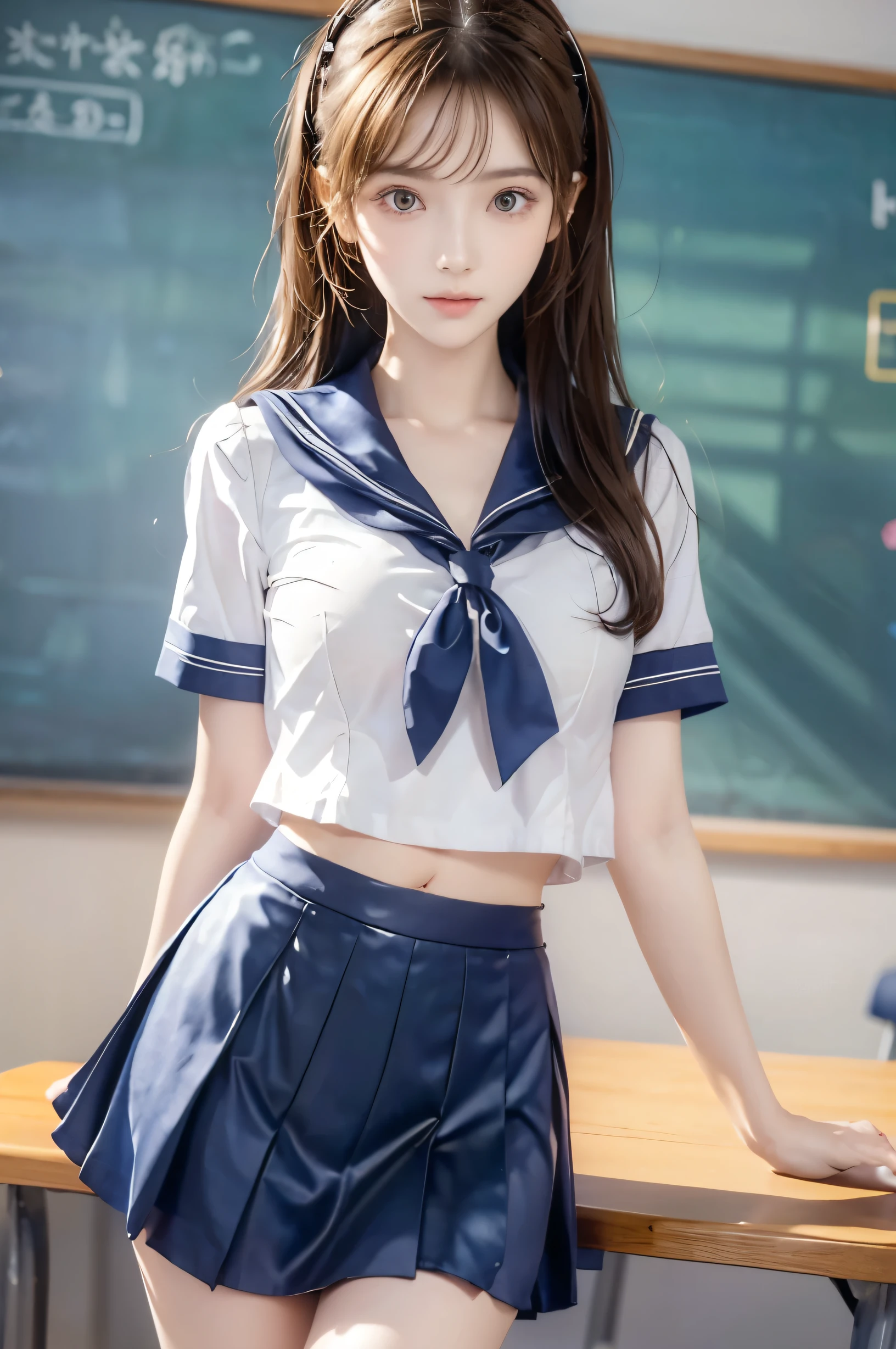 (Ultra HD), (Looking at me), (Short-sleeved sailor uniform, Navy blue mini skirt), Big Breasts, Super beautiful breasts, Slender, (Thin legs:1.2), (Thin thighs:1.2), (Thin Hips:1.4), (Beautiful Skin, Shiny skin, White skin), (Super slim face, Super beautiful face, No makeup, Smile:0.6), (Light Brown Hair, Semi-long, Layered Cut, Fluffy hair), (Big eyes:1.3, High corners of the eyes:1.6, double eyelid), (Thin eyebrows:0.1), (Small Nose:0.6), (Thin lips:0.6), Beautiful Hands, Empty-handed, Standing, School classroom