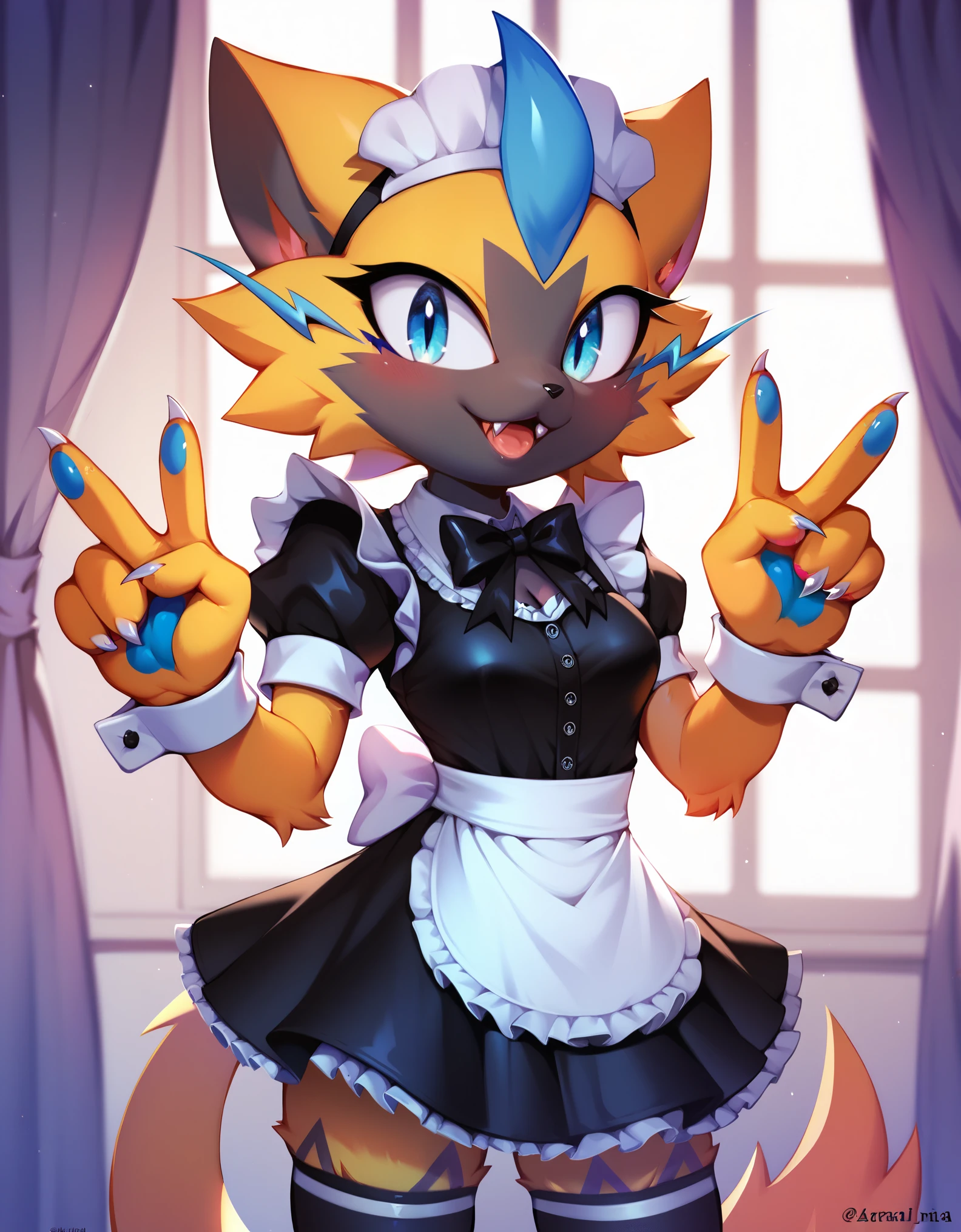 score_9, score_8_up, score_7_up, Akami Mira, solo, female, zeraora, furry, fluffy, cat nose, fluffy body, maid, peace sign