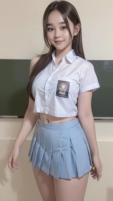 Best Quality, high resolution, Photo Shot, (Photorealistic:1.4), 1girl in, small round breasts, wide shoulder, thick body 
Sexy , (indonesian highschool uniform) , wearing white shirt, wearing grey blue short skirt, Looking at Viewer, Cute smile, Full body, Detailed eyes, Detailed face, seltry, detail skin, close up