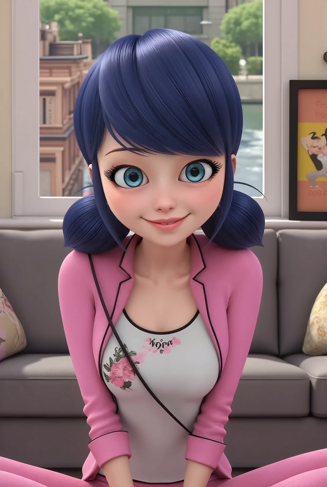 (8k, RAW photo, best quality, masterpiece:1.2), (intricate details), perfect eyes, perfect face, perfect lighting, beautiful, (masterpiece:1.2), (best quality:1.2), 1girl, solo, Marinette, blue hair, ((long loosen hair)), adult torso, , slight smile, huge sized breasts, ( pink dress), cowboy shot, 3DMM, seated, front view