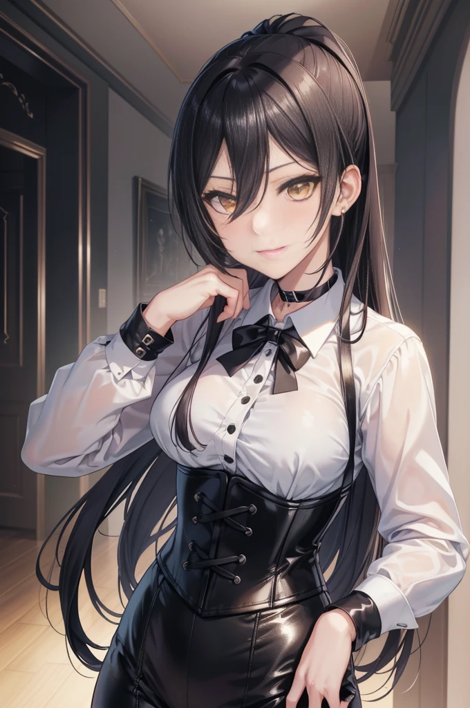 Sakuya Shirase, Sakuya Shirase first, long black ponytail hair, masterpiece, The best quality, high resolution, Beautiful detailed eyes, amber yellow eyes, extremely detailed face, good lighting, Detailed CG, 1 woman, standing, View from the front,  blush, smug expression. show smile, shiny lips, choker:1.6, ((White collar button-down shirt with white long sleeves)), black gloves, gloves that cover the hands, (black leather corset), (Black shiny leggings), elegant dining room, mansion, night, neon lights