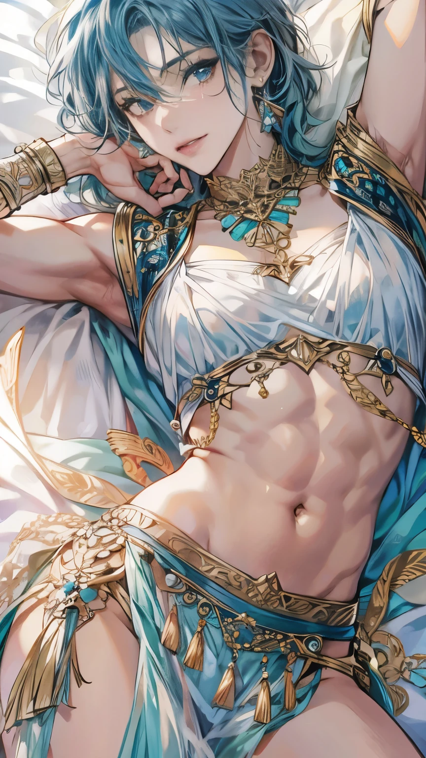 (Absurd, High resolution, Super detailed, High resolution), masterpiece, Best Quality, One beautiful man , (black belly dance costume), sky blue short hair, Beautiful Face, Bare chest,Detailed interior, Lying in bed